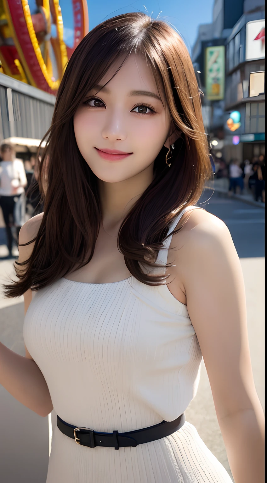 masutepiece, Best Quality, Illustration, Ultra-detailed, finely detail, hight resolution, 8K Wallpaper, Perfect dynamic composition, Beautiful detailed eyes, Women's Fashion Summer,long hair,Small breasts natural color lip, Smile,Harajuku、20 years girl、Cute、Sexy shot looking at camera