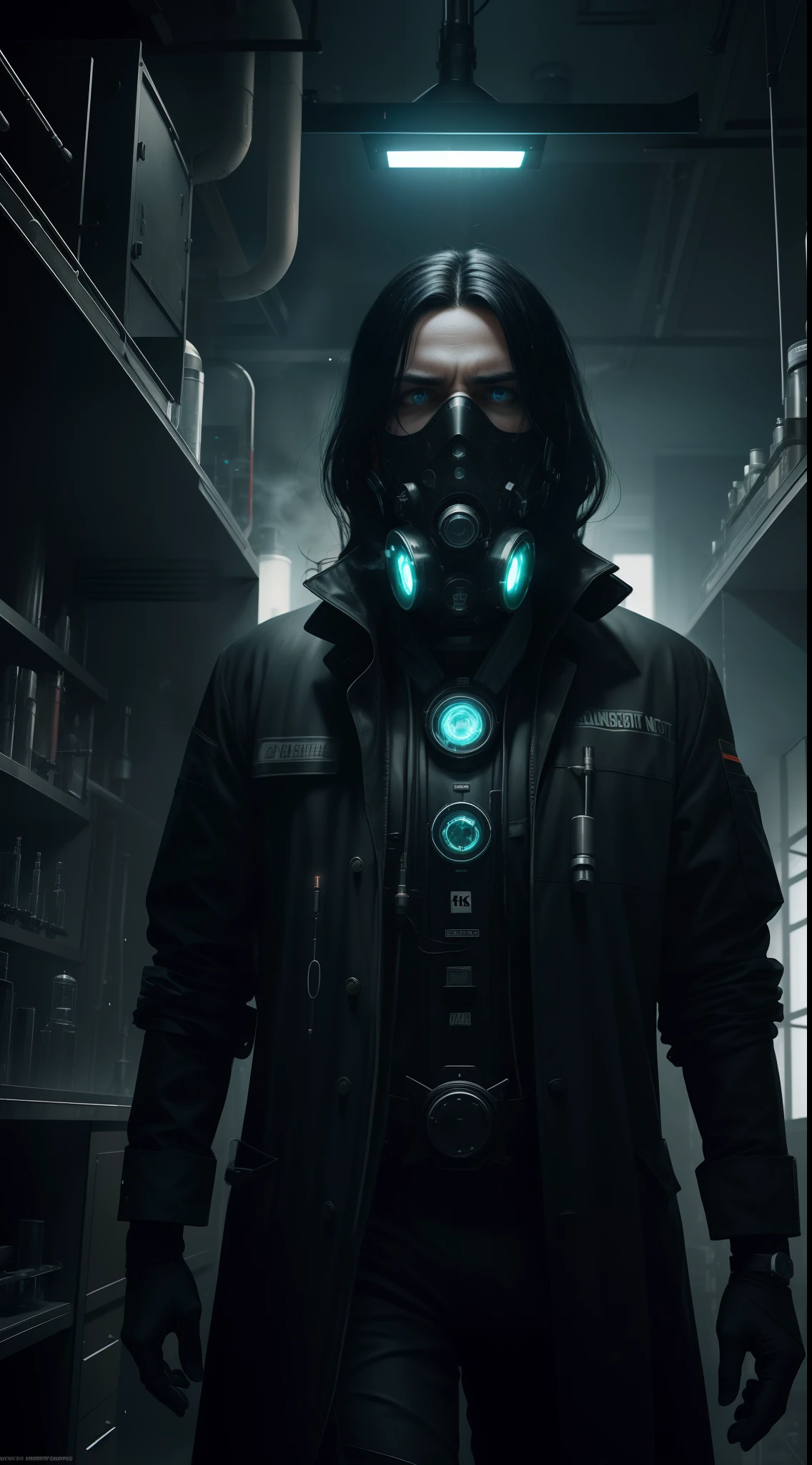 (best quality,4k,8k,highres,masterpiece:1.2),ultra-detailed,(realistic,photorealistic,photo-realistic:1.37),evil scientist, long black hair, white coat with black details, intense gaze, sinister expression, laboratory backdrop, test tubes, bubbling chemicals, glowing green light, complex machinery, smoke and steam, dystopian atmosphere, dramatic lighting, eerie shadows, scientific equipment, futuristic setting, mysterious aura, dark atmosphere, dramatic composition, vibrant colors, cinematic style, surreal elements, dynamic perspective