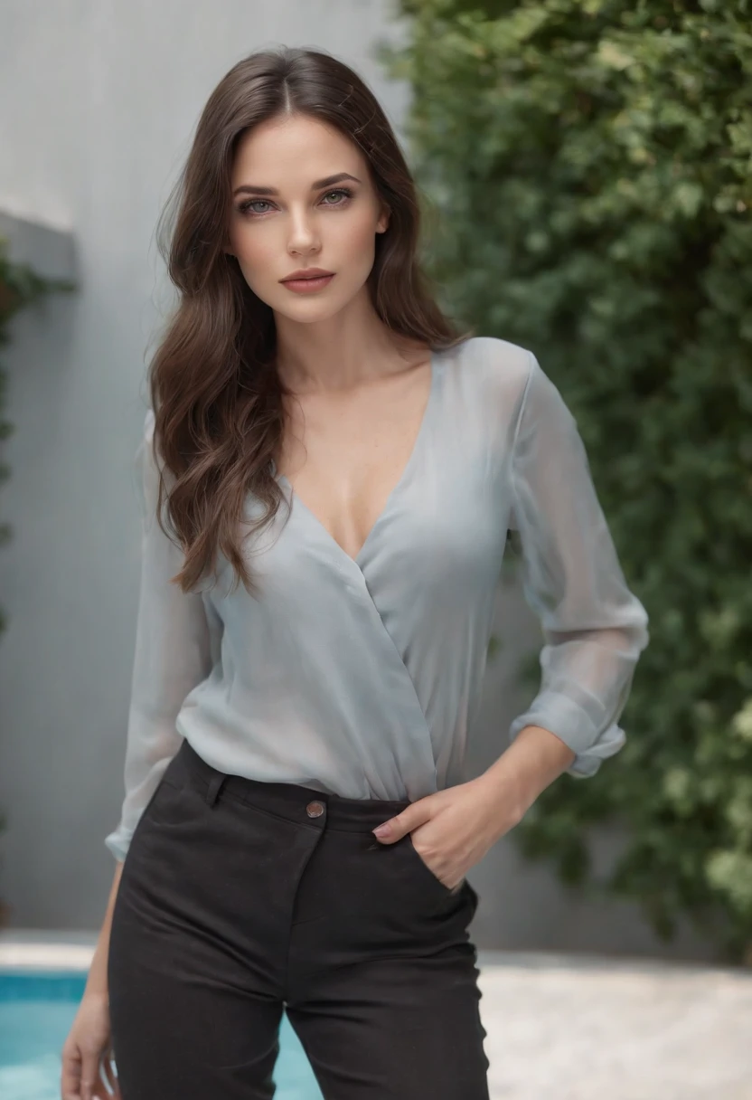 Hyperrealistisches Foto, Full-body walking, (of a beautiful woman), Beautiful and detailed fascination, Captivating gaze with her beautiful gray eyes, Perfekte Anatomie, Posieren am pool, with natural and bright light, reflects the light and shines in her beautiful soft and slightly wavy black hair, modisch gekleidet in schwarz modisches Oberteil und Hose, Ein Top-Modell, with great self-confidence, 8K UHD, Ein Meisterwerk, 3D-Rendering