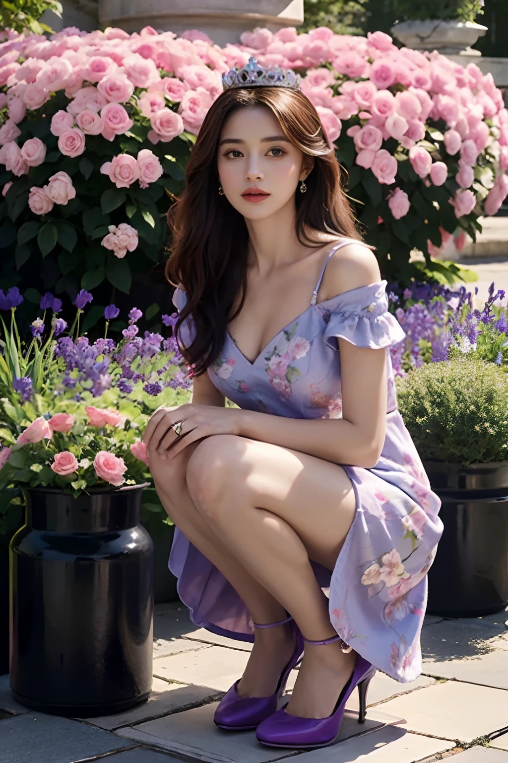 Masterpiece, Top quality, Best quality, offcial art, Beautiful and aesthetic, (1 mature girl), Cute, Deep V, lean forward, Above Knees, Medium shot,extreme detailed details, Colorful, highest details, royal, Princess, crown, Flower garden, Purple dress at a royal wedding