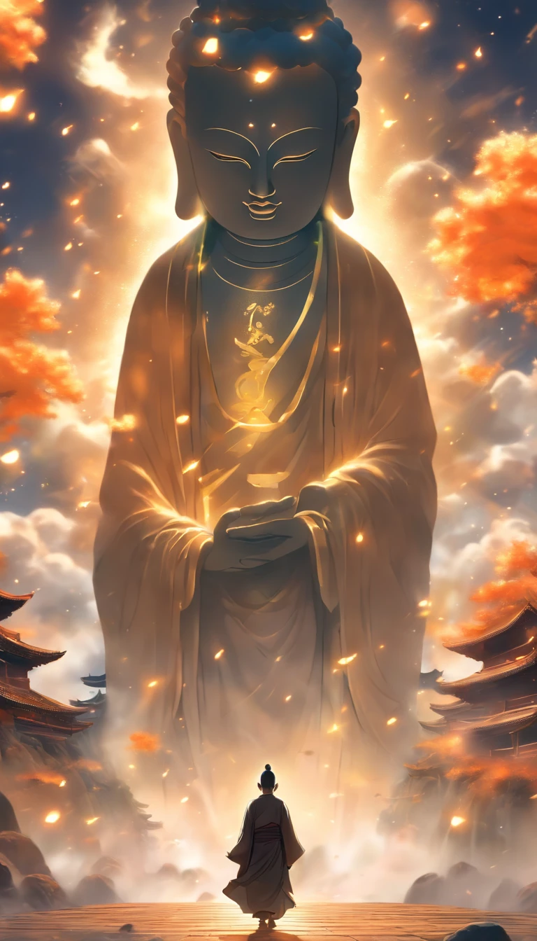 China-style,In the distance, A huge tall Buddha statue stands in space,Gaze at the earth,Standing Buddha statue,with light glowing,Glow effects,Pilgrims on the road,Hyper-realistic,Ultra photo realsisim,Real Photographics,8K,High definition,high qulity,Works of masters,super-fine,Chinese black and white ink style,(((white colors))),Decolorization,Smudge,ink,8K,super-fine,high qulity,(((OC renderer)))