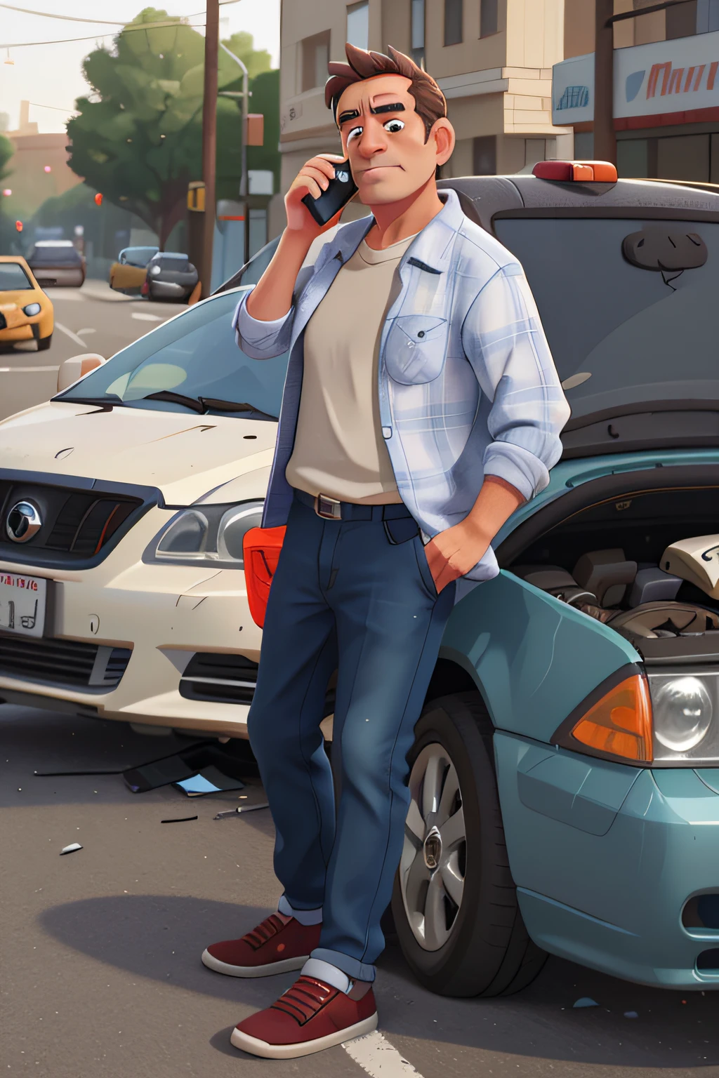 A middle-aged man,Wear casual attire,On the phone,Behind him is the scene of a car crash where three cars collided,