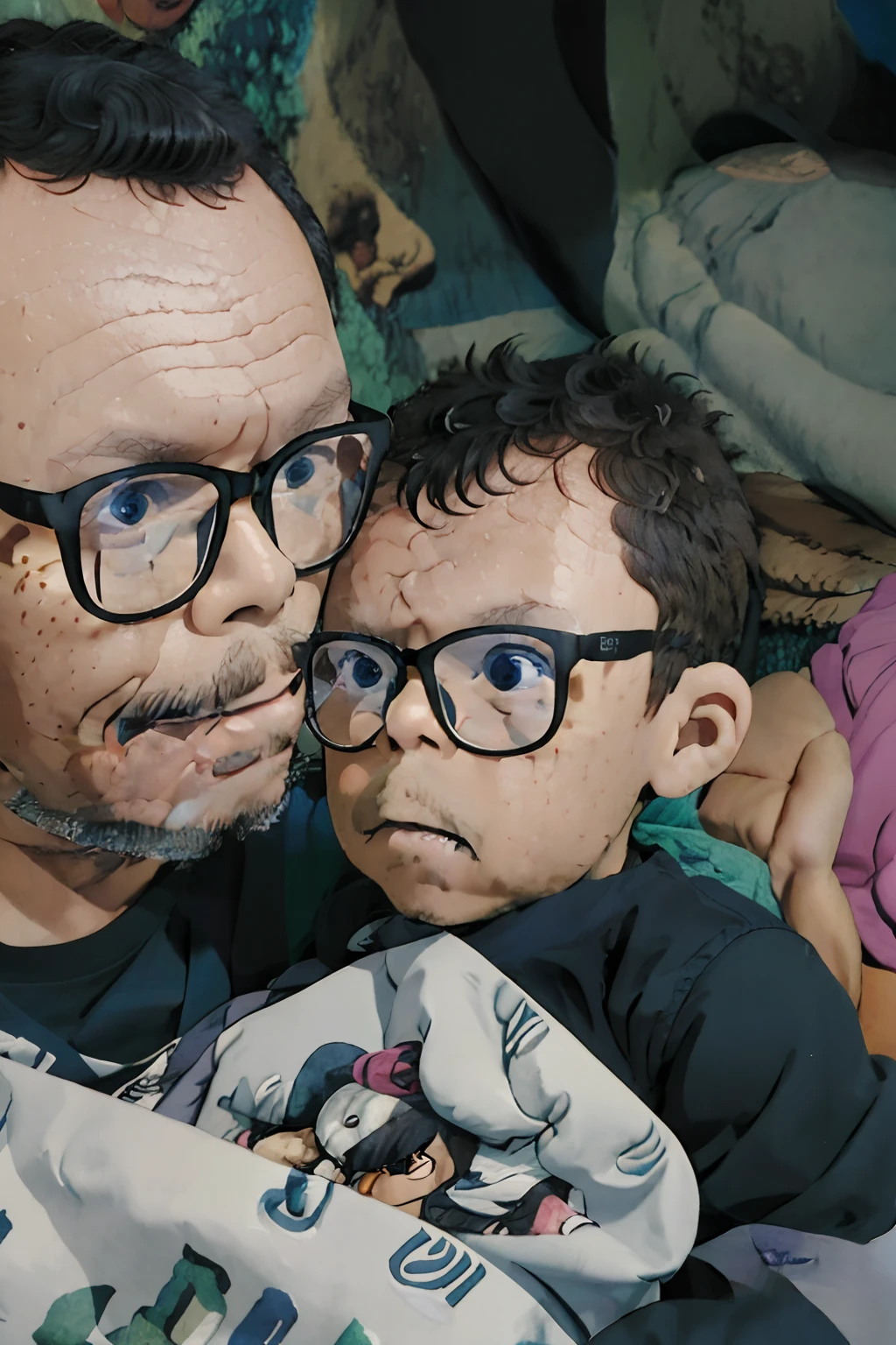 Create a heartwarming Studio Ghibli-style illustration that portrays the deep bond between a man, who wears glasses, and his 3--old , who also wears glasses, as they share a loving moment together. The scene should exude warmth and paternal affection. Pay meticulous attention to detail, bringing out the emotional connection between father and son. Render this illustration in a hyper-detailed style that captures the essence of the Ghibli aesthetic.