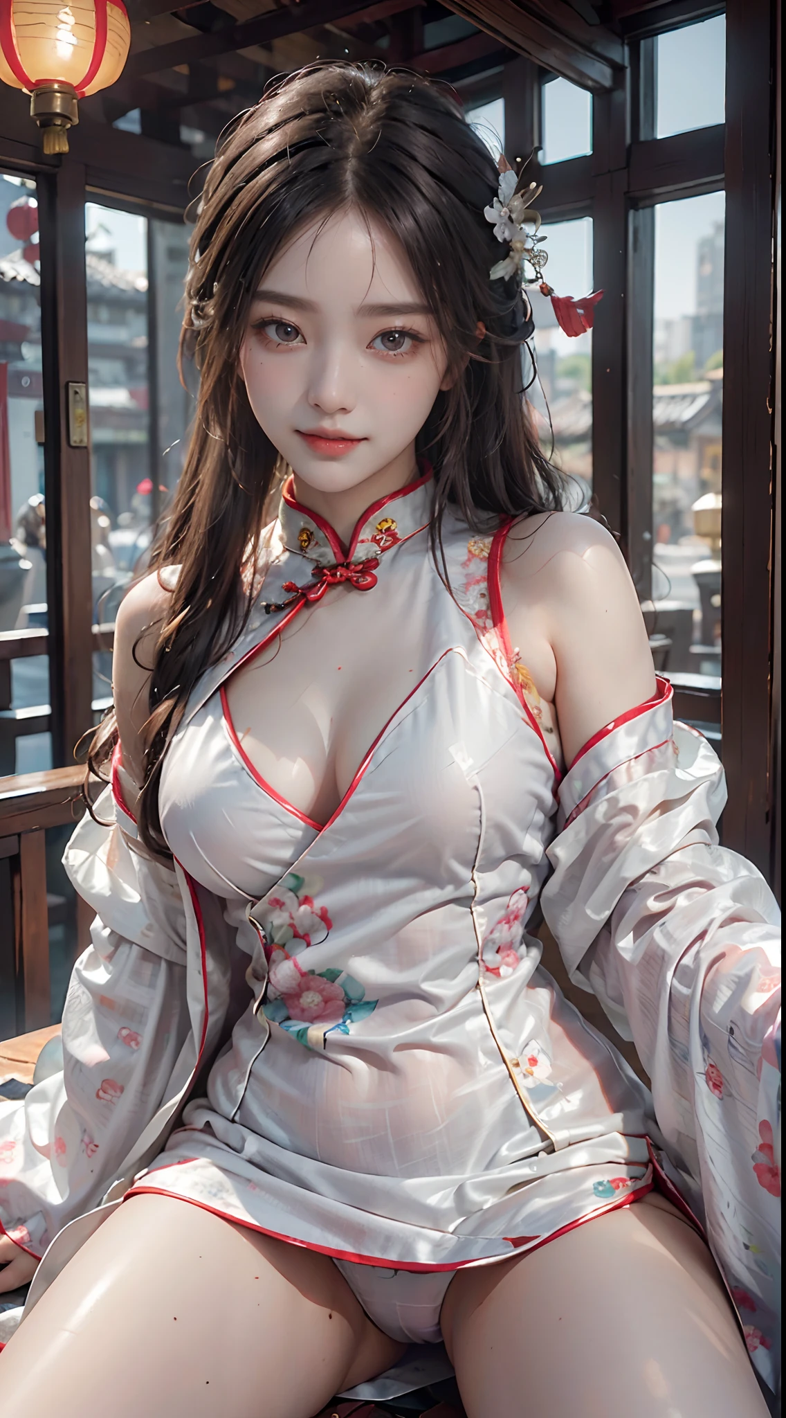 (tmasterpiece、RAW photography、超A high resolution、top-quality:1.3)、(ultra detailed 8k cg:1.2)、(ultra-realistic realism:1.35)、(Photorealsitic:1.45)、beautiful detailed skin、Cute and delicate face、Detailed lips、A detailed eye、二重まぶた、(A beautiful girl standing on Xuhua Street，spread their legs)、((A smile))、((Wearing cheongsam))、View from below、zoomed shoot、(full bodyesbian)、Focus on the pubic hair、(NSFW:1.5)