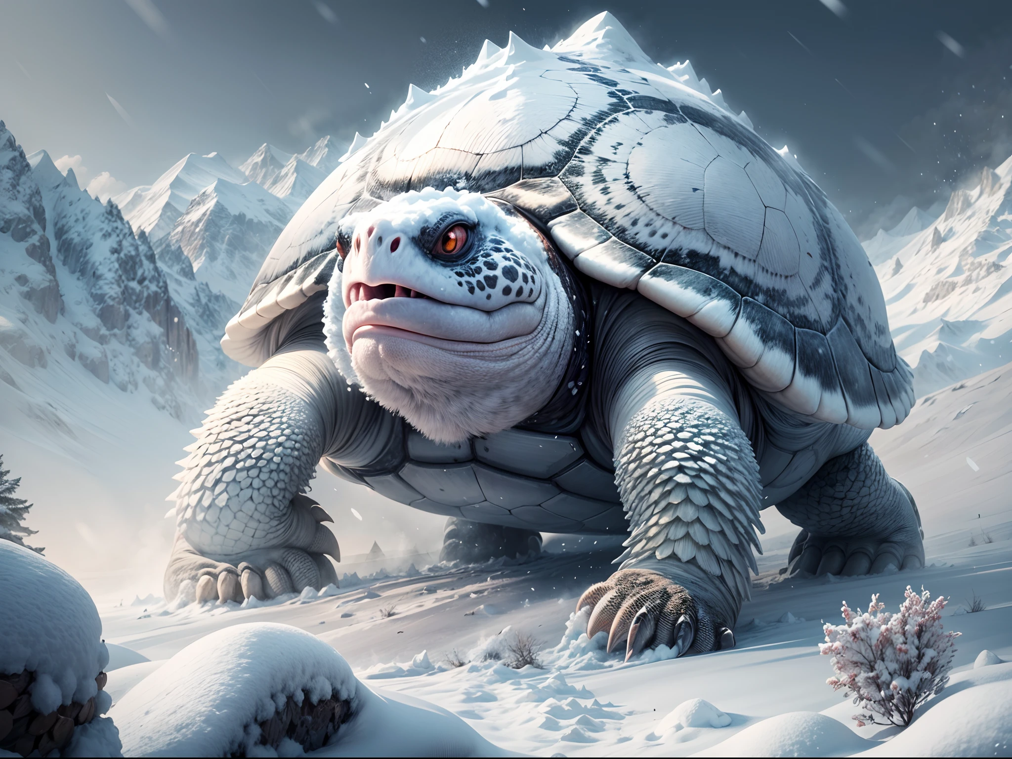 (best quality,4k,8k,highres,masterpiece:1.2),ultra-detailed,realistic:1.37,turtle with a massive snowy mountain as its back, spiky mountain shell, powerfully lifting the mountain, heavy snowfall, majestic aura, snowy landscape, surreal winter scene, colossal creature, immense strength, intricate details on the turtle's shell, breathtaking snowy peaks, freezing air, serene and quiet surroundings, snow-covered trees, crisp and clean texture, pristine white color palette, soft and diffused lighting, magical atmosphere