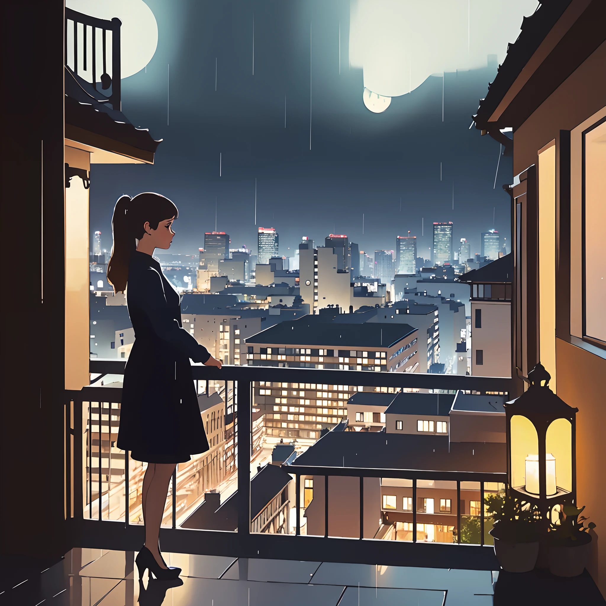 profile view of a relieved girl on a balcony, raining, view of the city, night time, panoramic view