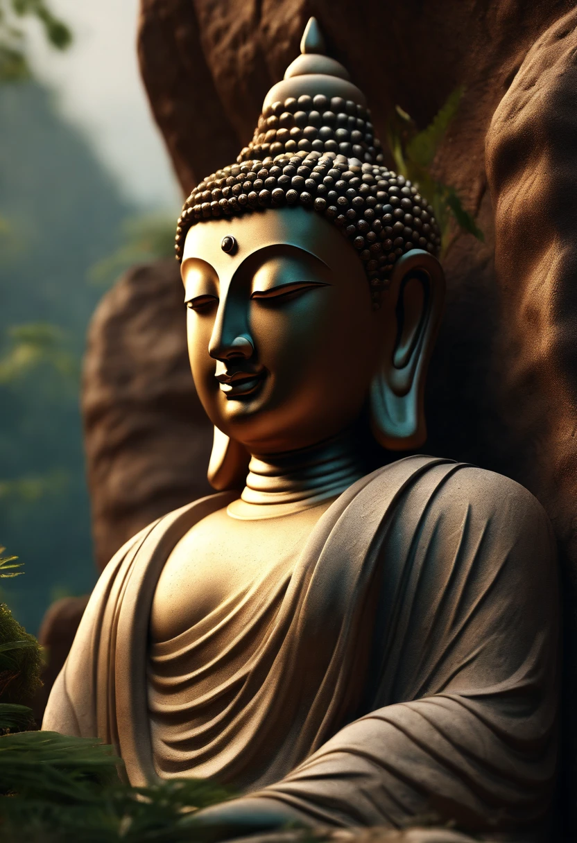 (Best quality, A high resolution, Ultra-detailed), surrealism, 3D rendering of, Realistic texture, A carved Buddha statue on a cliff face, Harmonious integration with nature, Cinematic lighting, Lifelike skin, depth and dimensionality, Divine aura, tranquil ambiance