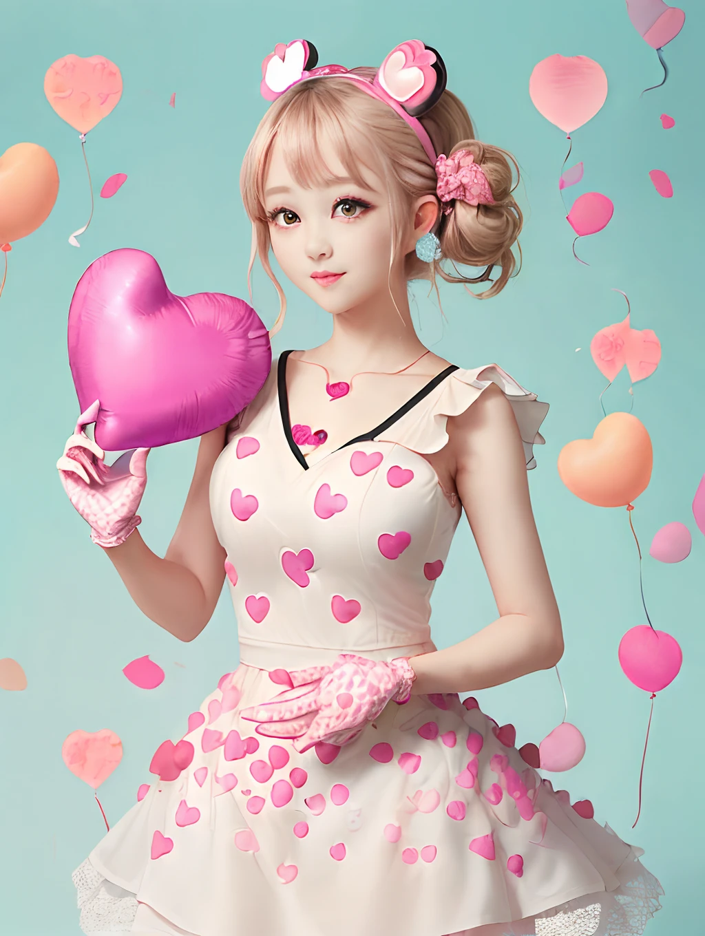 (((((heart shaped hand))))、Unique beautiful girl、独奏、(((((Top image quality)))))、(((((masutepiece)))))、Cute clothes、Heart balloon on background、