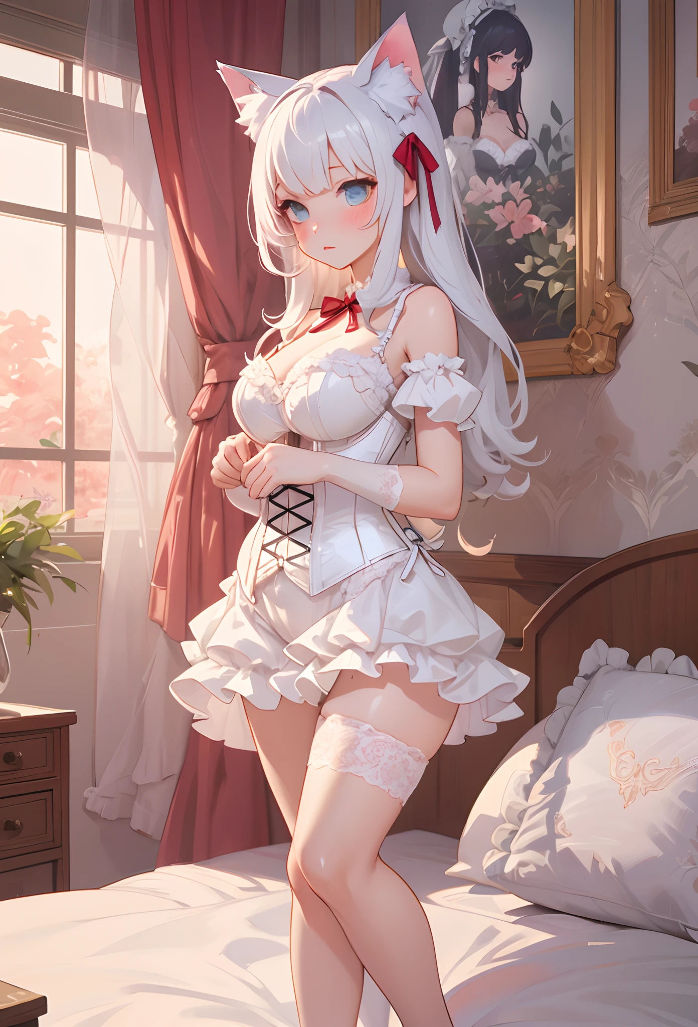 (Detailed illustrations,Very detailed and detailed drawing,Delicate lines with slow and rapid,Realistic texture expression,[[reallistic]]),[Color tressed main line],[Watercolor-style coloring],[Strange bedroom [[Gothic horror style]]],[HENTAI ANIME] (Girl (Beautiful shape)  student [Luxury Girl] (cat ear (plump) (large chest with drooping,[wide areola]))),(Full body lingerie (Pure white corset) (Ribbon Ruffled Lace Fabric [loliashion])),[Realistic and glossy skin expression ([High humidity] (Soft body)),([[boredom]] gravure) (Soft ambient light [Transparency]),(Fine and beautiful skin expression [Transparency]),[Perfect eye details (Eyes beautifully drawn down to the smallest detail)],[long and beautiful eyelashes:0.4],[Fine hair details],(Perfect hand details),(Perfectly proportioned:1.2,Perfect Anatomy),[Ideal color coordination(Accurate simulation of light-material interactions)],(detaileds,high-detail)),([Precision Detail],HighQuality,hight resolution),[Eros in the Natural Body] [Visual art that conveys a sense of narrative] [[Full body like]].