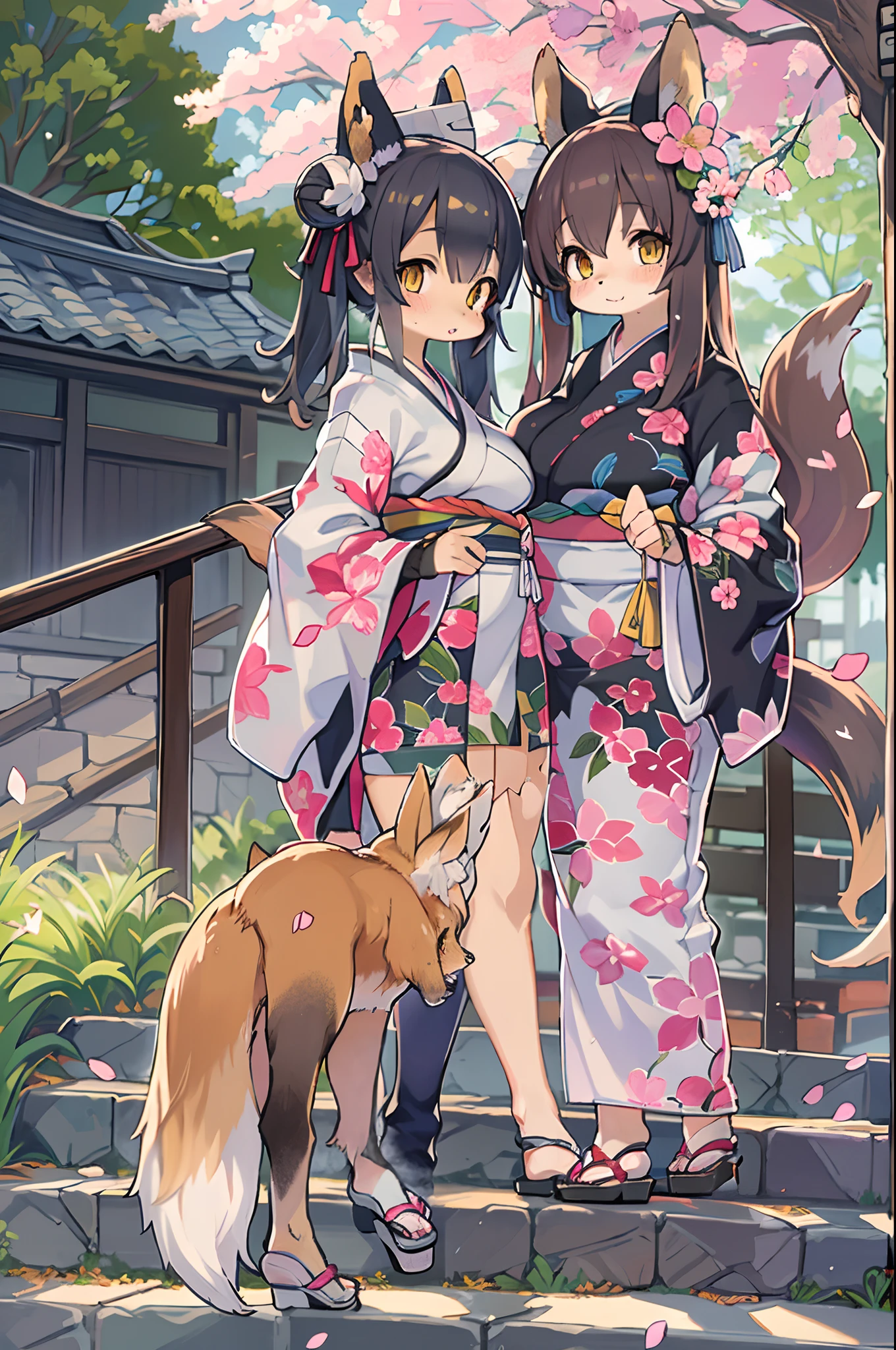 ((masutepiece,Best Quality)),2girls, Black kimono, Black legwear, a black ribbon, Black hair, cherryblossom, day, flower, Hair bun, Hair Ribbon, Komono, Kimono, Long hair, Looking at Viewer, Looking back , Multiple girls, Outdoors, bow ribbon, Sandals, single bun, stairs, Statue, torii gate, tree, Yellow eyes、body covered with fur、huge-breasted、thighs thighs thighs thighs,、bbw、big butts、Ultramammy、(((Fox Woman)))、body covered with fur、kawaii、lesbian、Deep kissing