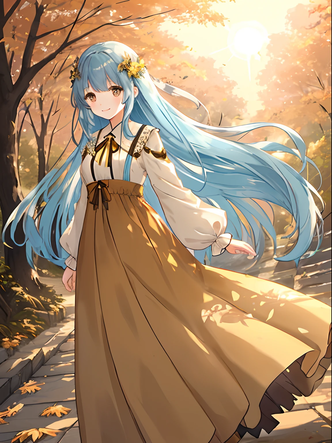 Brown and yellow long dress Pretty girl Long light blue hair、A charming smile Black eyes Photo of partially fallen leaves fluttering Illuminated by the setting sun、Dress and hair fluttering in the wind Face Highlights