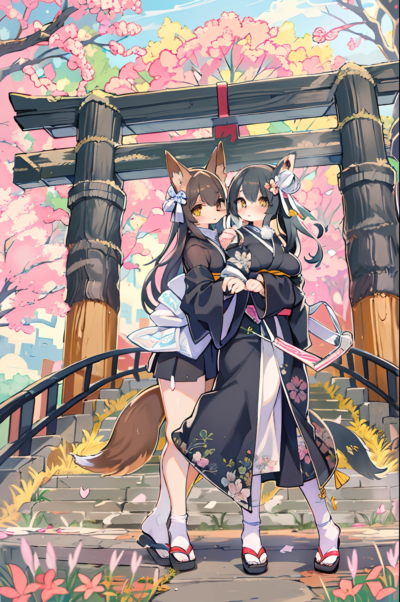 ((masutepiece,Best Quality)),2girls, Black kimono, Black legwear, a black ribbon, Black hair, cherryblossom, day, flower, Hair bun, Hair Ribbon, Komono, Kimono, Long hair, Looking at Viewer, Looking back , Multiple girls, Outdoors, bow ribbon, Sandals, single bun, stairs, Statue, torii gate, tree, Yellow eyes、body covered with fur、huge-breasted、thighs thighs thighs thighs,、bbw、big butts、Ultramammy、(((Fox Woman)))、body covered with fur、kawaii、lesbian、Deep kissing