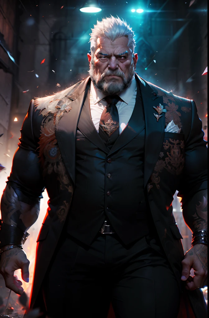 old man, bara,admiral, thick body,fat,ornate suit,long tie,luxury,devil tattoo,white beard,white hair,handsome, sharp gaze, in cage,glowing devil eyes,big eyes, big bulge, standing, hide hands behind hip, hd quality, masterpiece, extremely detailed, looking to the viewer, perspective view, UHD, 64k, unreal.(highly detailed skin), (detailed face), detailed background, dark lighting, twilight lighting, volumetric lighting, intricate details, UHD, evil, corrupted, controlled by devil