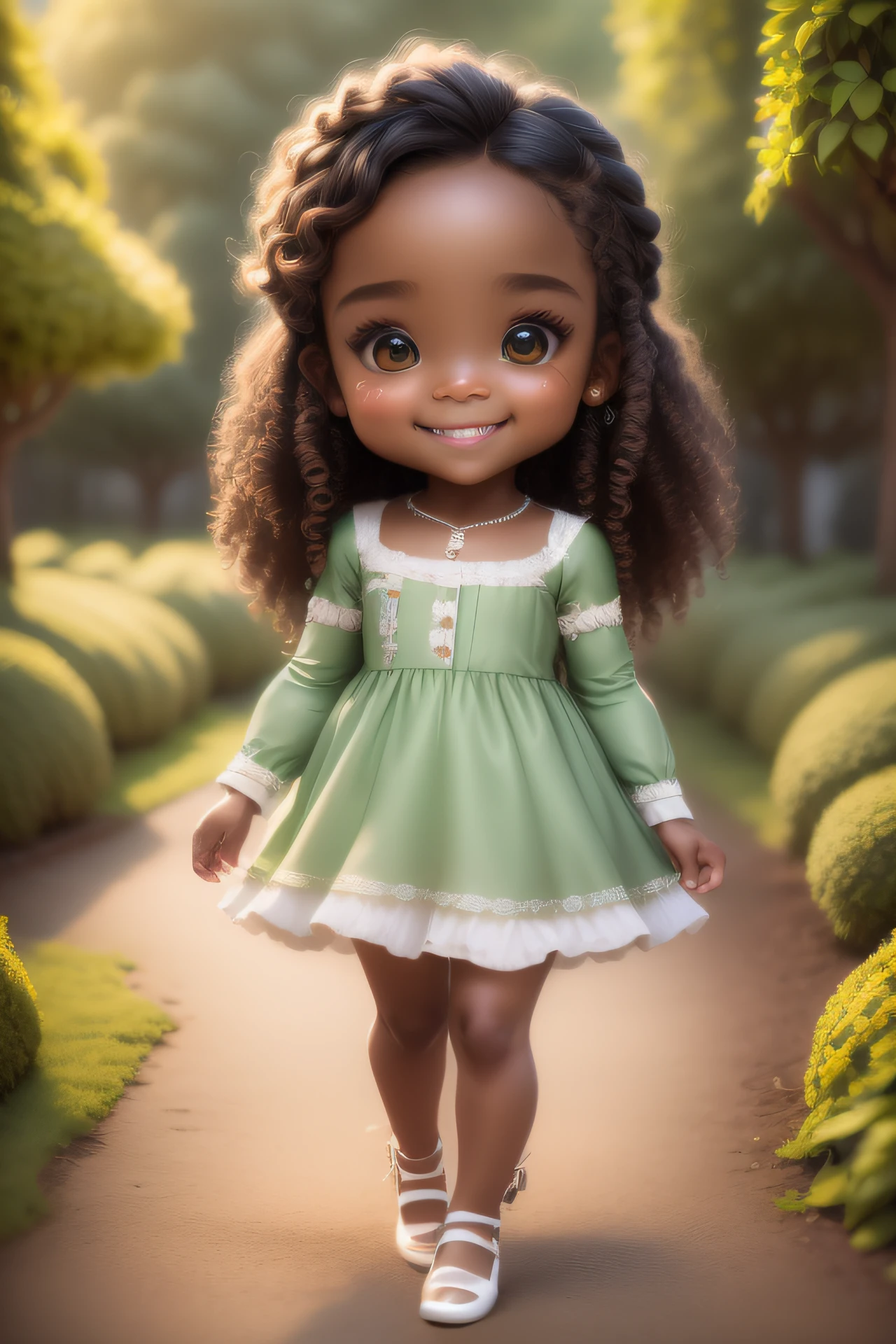 chibi 1 African  dark brown skin:5, cute smile, walking in the field ((full body))) "((with coffee))" realistic shadows, sparkling eyes, detailed skin, slightly sparkling light green eyes, pose for photo, long curly brown hair, flowers in hair, rapunzel style, very detailed, highly detailed 8k face, perfect face shape, perfect full lips, perfect nose, beautiful and correct eyes, observant, wedding dress: 3.45, flowers hair, masterpiece, best quality, single, jeans, alone, advanced chibi