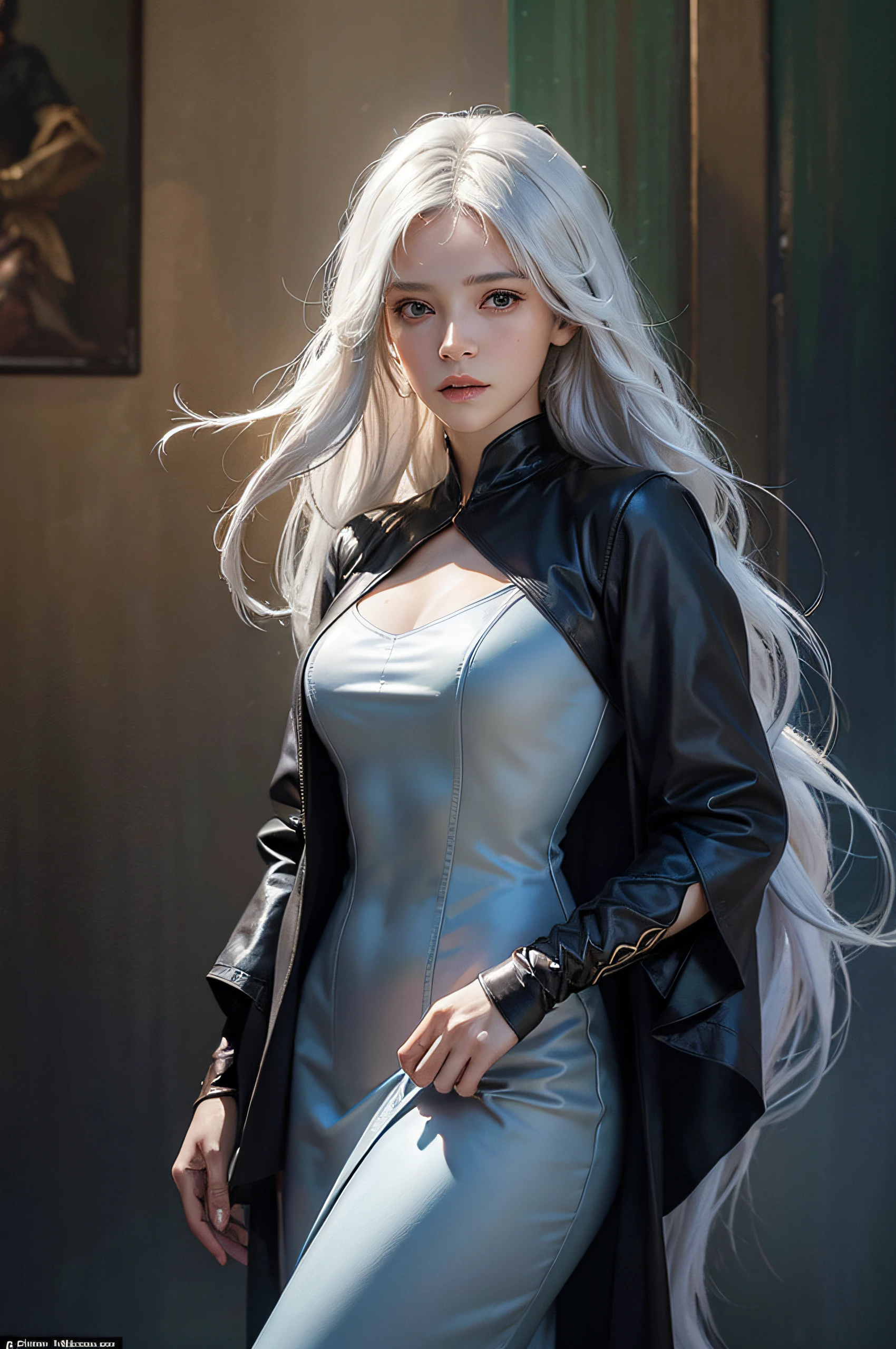 Hyperrealist portrait of female by david hockney and alphonse mucha,fantasy art, photo realistic, dynamic lighting, artstation, poster, volumetric lighting, very detailed faces, 4 k, award winning,, 1girl, in the dark, deep shadow, low key,cowboy shot,(official clothing:1.4) ,long hair,white hair,