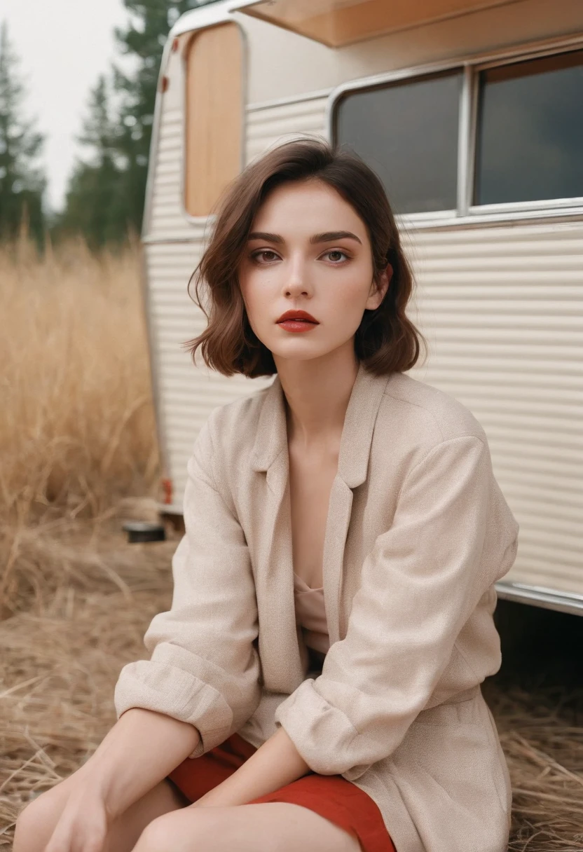 analog photography, grain film, vintage photo, portra 400, flash, in the style of lo-fi aesthetics:: a girl sitting near a camping trailer, light beige and red,upper body