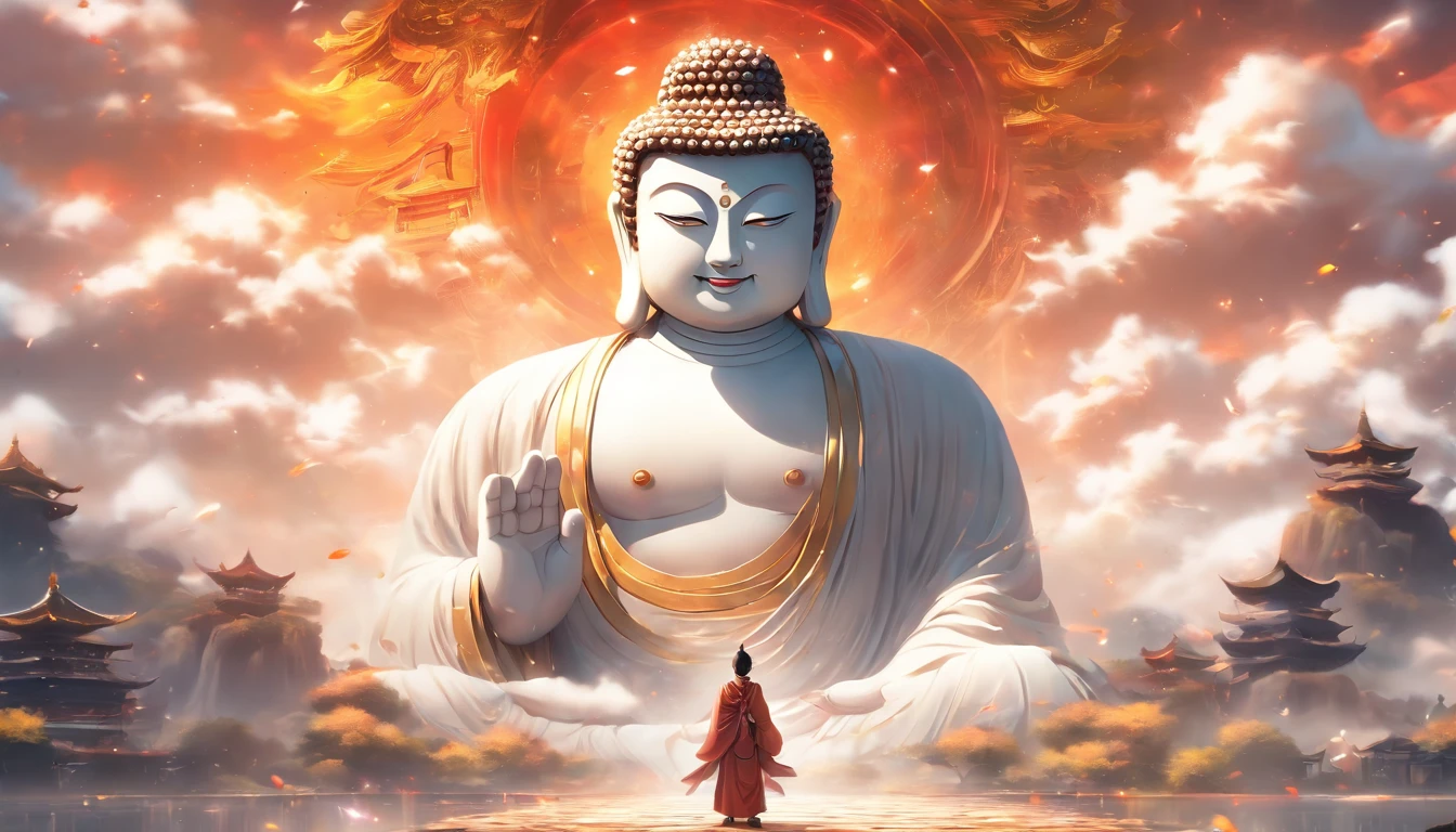 China-style，In the distance, A huge statue of Maitreya Buddha stands in space，Gaze at the earth，Standing Buddha statue，with light glowing，Glow effects，Pilgrims on the road，Hyper-realistic，Ultra photo realsisim，Real Photographics，8K，High definition，high qulity，Works of masters，super-fine，Chinese black and white ink style，（（（white colors））），Decolorization，Smudge，ink，8K，super-fine，high qulity，（（（OC renderer）））