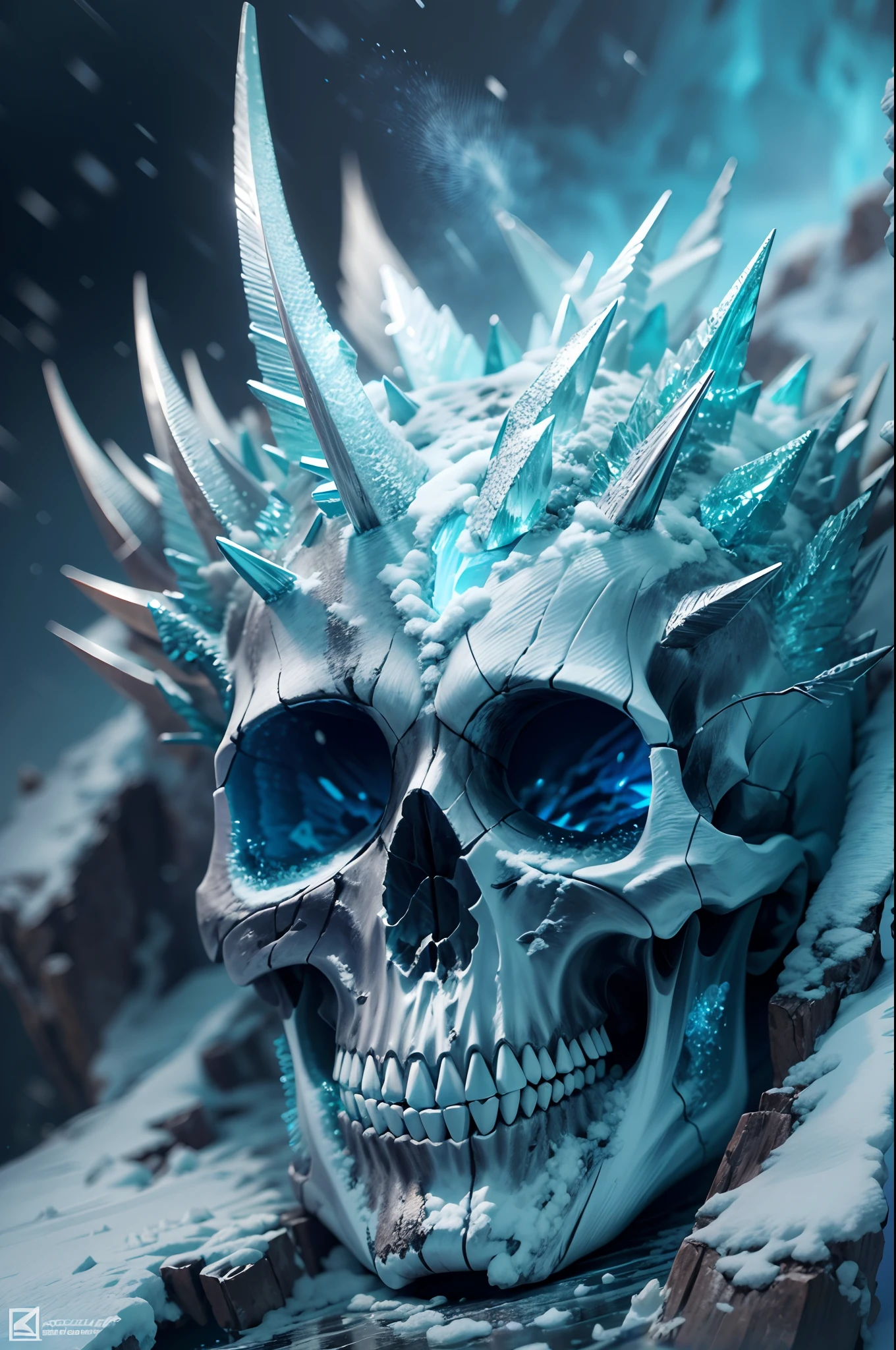 (best quality,4k,8k,highres,masterpiece:1.2), ultra-detailed,(realistic,photorealistic,photo-realistic:1.37), digital art, icy skull, open mouth, (snowy spike mountain on the head of the skull), super cool, digital medium, detailed cracks on the skull, frosty texture, hauntingly beautiful, surreal atmosphere, vibrant colors, dynamic lighting, sharp focus