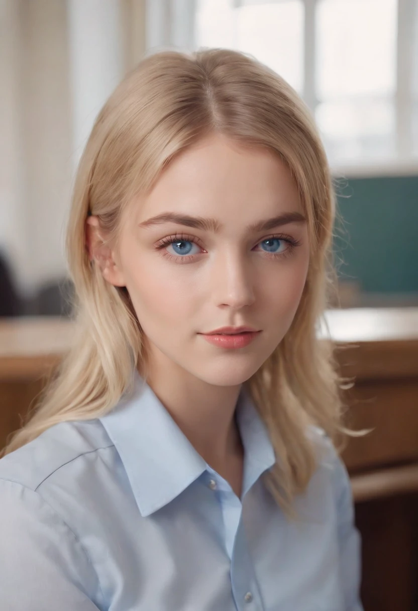 1 girl, hyperrealistic, school girl, uniform,20 years old, very beatifull,School uniform blue eyes, blonde hair, open legs,on desk, backround flue, 8k, touching legs, , teen,cowboy shot