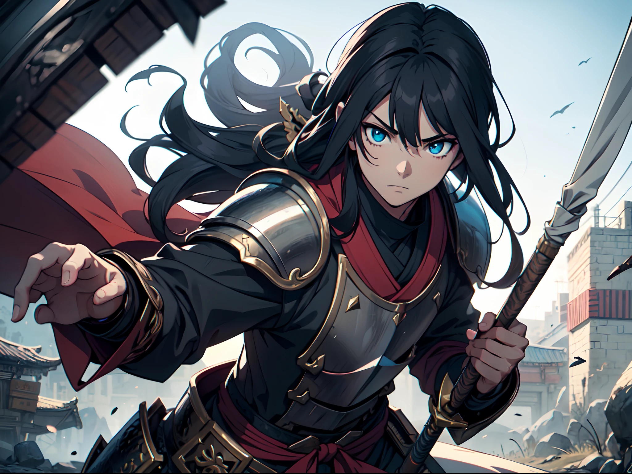 1 boy, Xin from Kingdom anime using a legendary bow, armored with Samurai armor, ultra 4k hd, 8k, handsome, white pupil eyes, long black hair