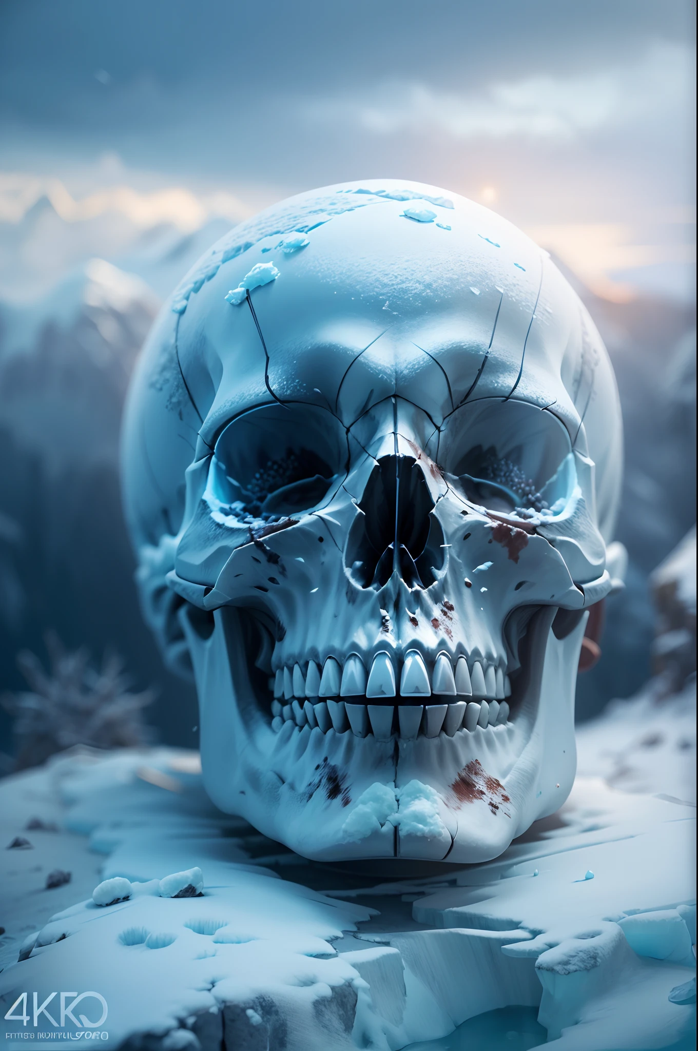 (best quality,4k,8k,highres,masterpiece:1.2), ultra-detailed,(realistic,photorealistic,photo-realistic:1.37), digital art, icy skull, open mouth, (snowy spike mountain on the head of the skull), super cool, digital medium, detailed cracks on the skull, frosty texture, hauntingly beautiful, surreal atmosphere, vibrant colors, dynamic lighting, sharp focus