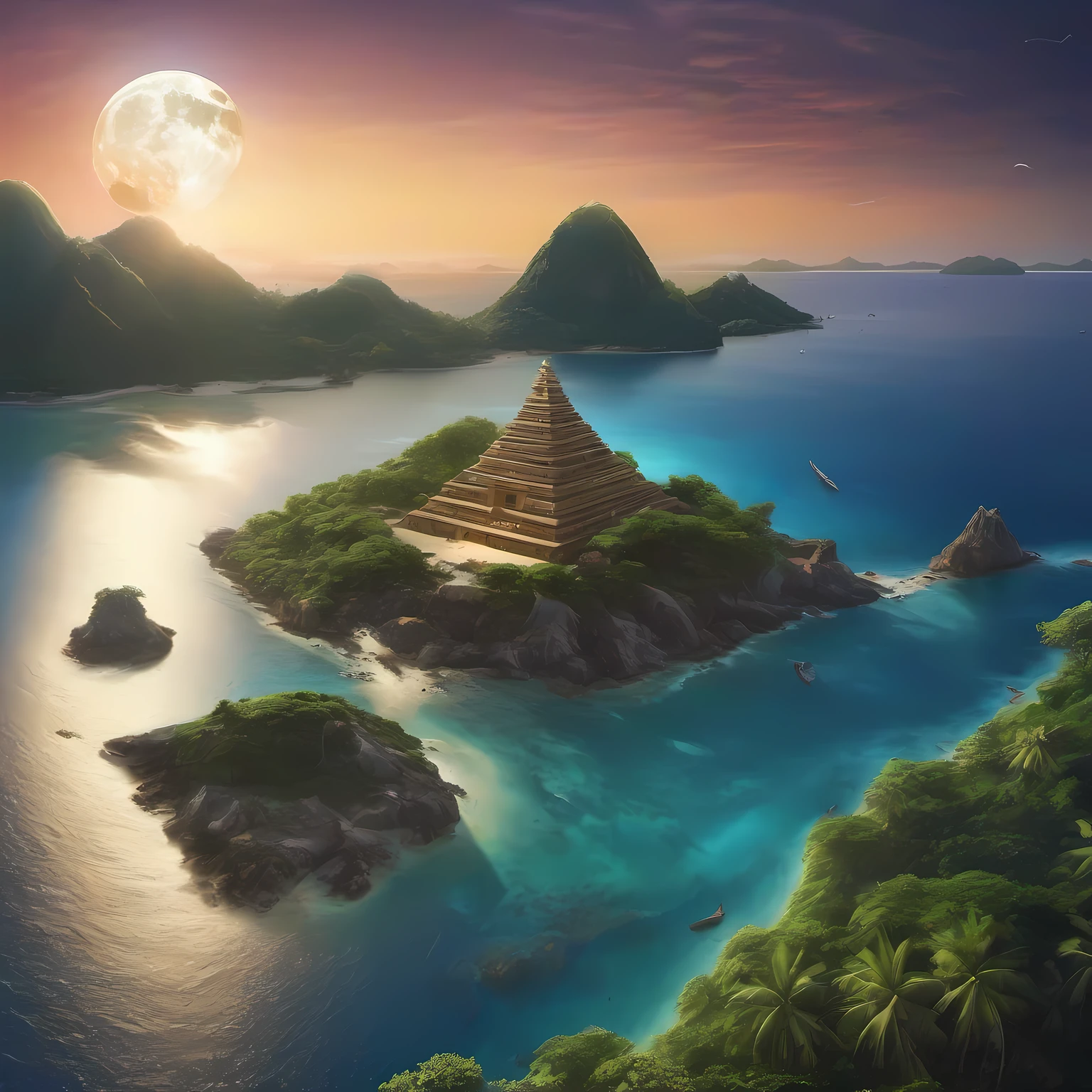uninhabited island、Pyramid-shaped uninhabited island、sima、sand beach、The only island on Earth、the ocean at night、moonlights、Moonlight illuminates the top of the pyramid、fullmoon、starrysky、stele、shooting stars、Meteor swarm、Wide Angle、An isolated island in the sea、sima、((Putting the whole island in the composition:1.5))、Sea around the island、