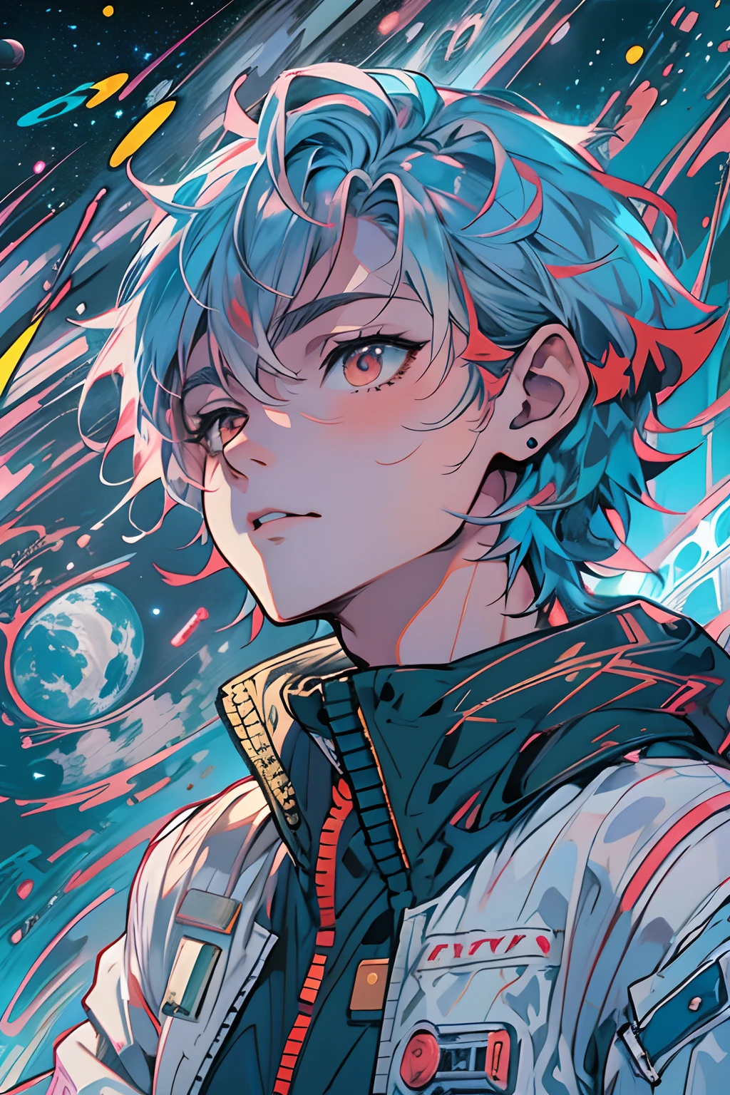 anime boy with blue hair and a colorful jacket looking up at the sky, anime boy with cosmic hair, 4 k manga wallpaper, anime art nouveau cosmic display, anime style 4 k, jen bartel, portrait anime space cadet boy, anime art wallpaper 4 k, anime art wallpaper 8 k, anime art wallpaper 4k, boy in space, official art, cosmic boy