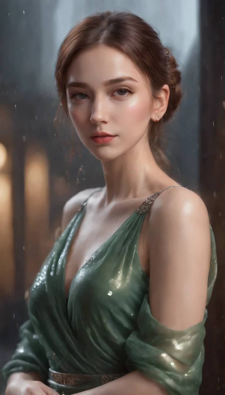 (Professional 3D rendering:1.3) of (Realistic:1.3) The most beautiful art in the world, Great place., Towering environment)), Full body 8k unity display, Action Shooter, skin pores, The light is very dark., Heavy Shading, Detailed, detailed face, (vibrant, photo-realistic, Realistic, breathtaking, dark, crisp focus, 10), (high-detail:1.4), digital painting, Octane display, art station, Concept Art, smooth, crisp focus, illustration, Nose Art, (loish:0.23), (Global Illumination, studio light, volumetric light), heavy rain, Particles float, ((Dark and ancient city background:1.3)),CGSesociety,Art Stations Random gestures, (An extremely delicate and beautiful work), (masterpiece), 1girls, Girl in shiny transparent dress, high-detail, Leaky waist, ponytail contorted, A charming expression, beautiful and clear eyes, green eye pupil, delicate necklace, delicate earrings, simple blurred background, extreme detail description, Beautiful, charming, ultra-fine painting, Subtle delicate face, Subtle shape, fine., Fine collarbones, Cute fine lips, Fine beautiful breasts, soft behind, mix4,(10, RAW photo, bestquality, masterpiece:1.2), (Realistic, photo-realistic:1.37),1girls,kawaii,city scape, nighttime, It's raining, wet, Professional lighting, photons mapping, radiosity, Physically Based Rendering,(Beautiful small hard:1.3),(Saw the head on the dress.:1.4),(glossy:1.5),(transparent:1.3),Blonde Hair.Full body