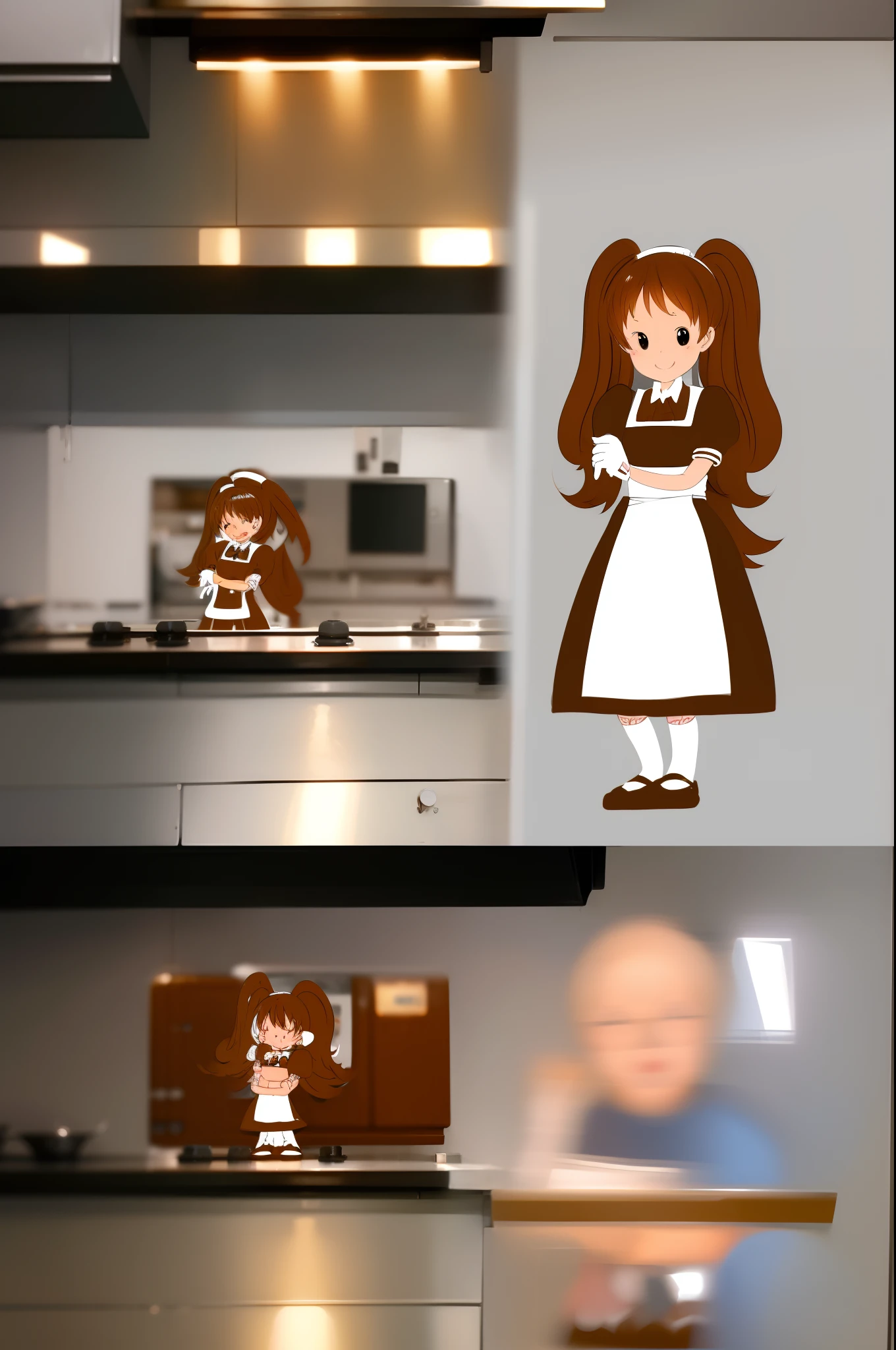 black eyes, toon, chef dress, twintails, brown hair, smile,1girl, gloves,smile, blush stikers, standing