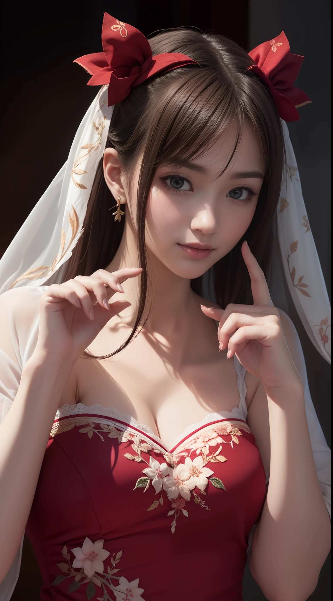 (Acutance:0.85),(Extremely Detailed:1.35, RAW photo-realistic:1.37), (closeup portrait), (1girl wearing Red tube-top), ((From above)), (presenting panties), front of face, Holding White panties with hands, Studio gray background, Red ribbon . (((NOGIZAKA face)))  Extremely Detailed KAWAII face variations, perfect anatomy, captivating gaze, elaborate detailed Eyes with (sparkling highlights:1.2), long eyelashes、Glossy RED Lips with beautiful details, Coquettish tongue, Rosy cheeks . { (Dynamic joyful expressions) | :d) } . Glistening ivory skin with clear transparency, 