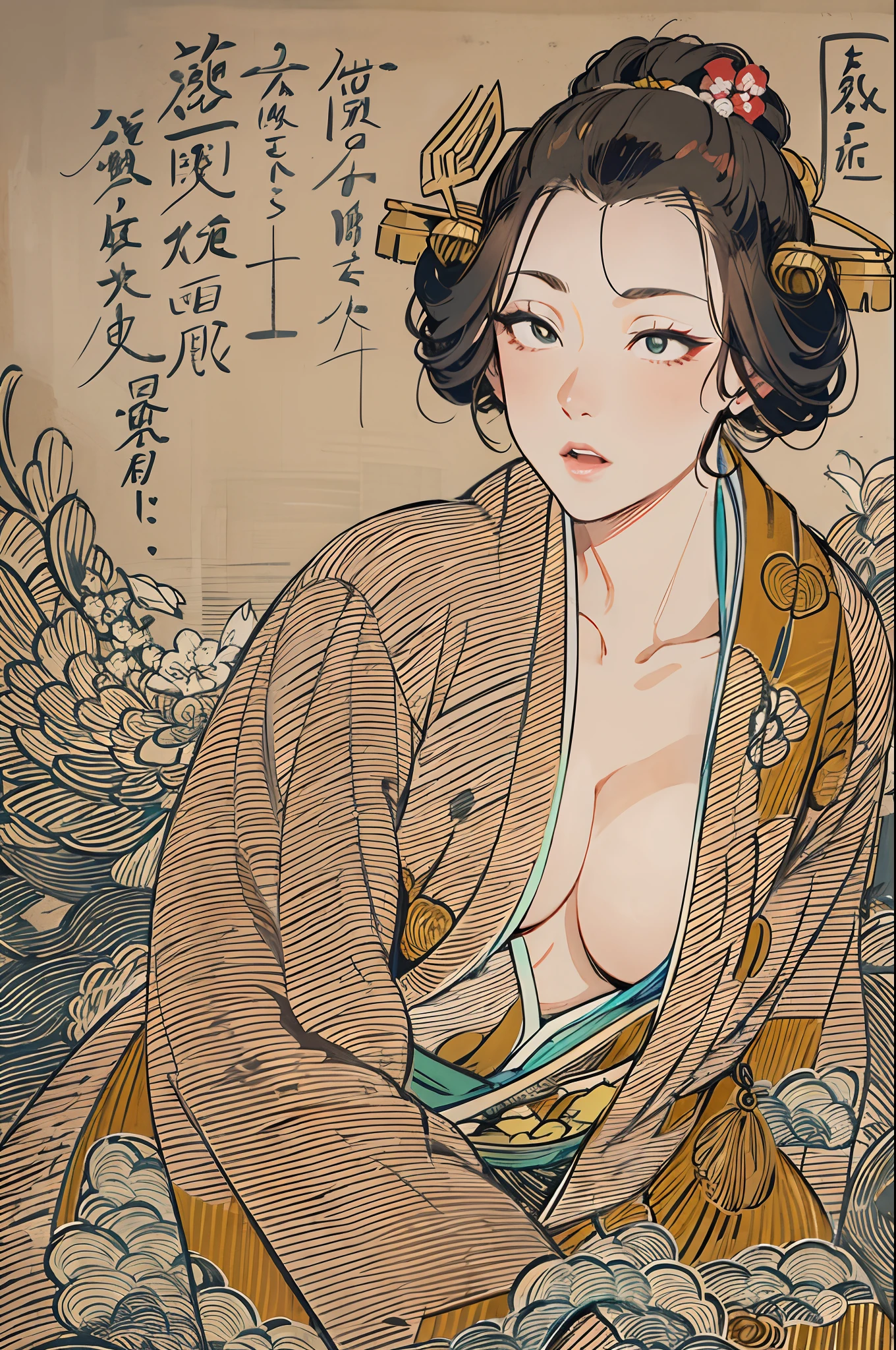 Sharaku,Portrait of a woman,Her breasts are visible.,it is centered in the middle of the image, some Japanese effects and embellishments scattered throughout the photo