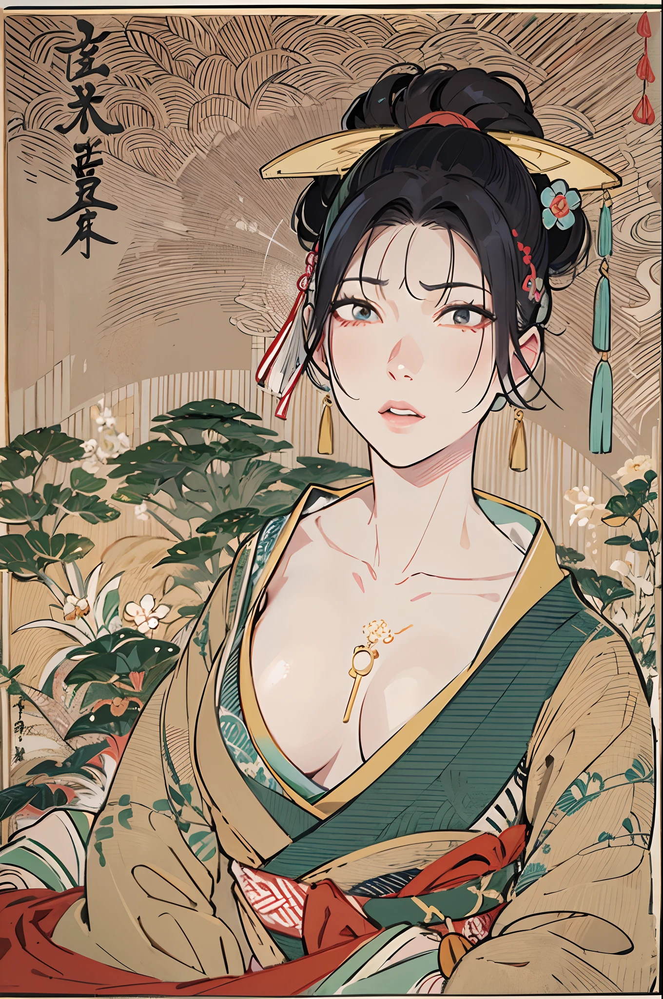 Sharaku,Portrait of a woman,Her breasts are visible.,it is centered in the middle of the image, some Japanese effects and embellishments scattered throughout the photo