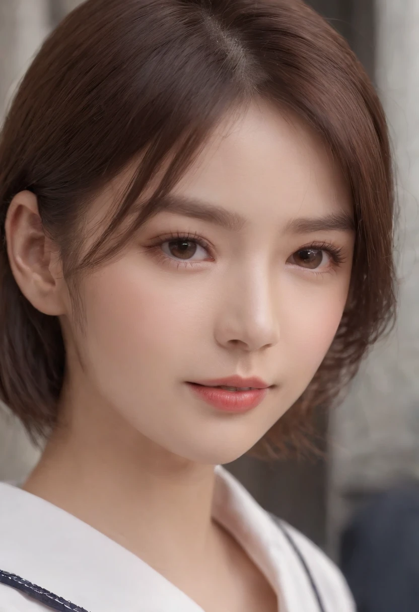(8K、Raw photography、top-quality、masterpiece:1.2),(realisitic、Photorealsitic:1.37),ultra-detailliert, high resolution,see the beholder,beautifull detailed face,A smile,Constriction,(Slim waist) :1.3),Beautiful detailed skin,Skin Texture,Floating hair,Professional Lighting,short haire,japanese hight school uniform,hi-school girl,japanese hight school uniform,hi-school girla ,sailor suit,Bob Hair,close up