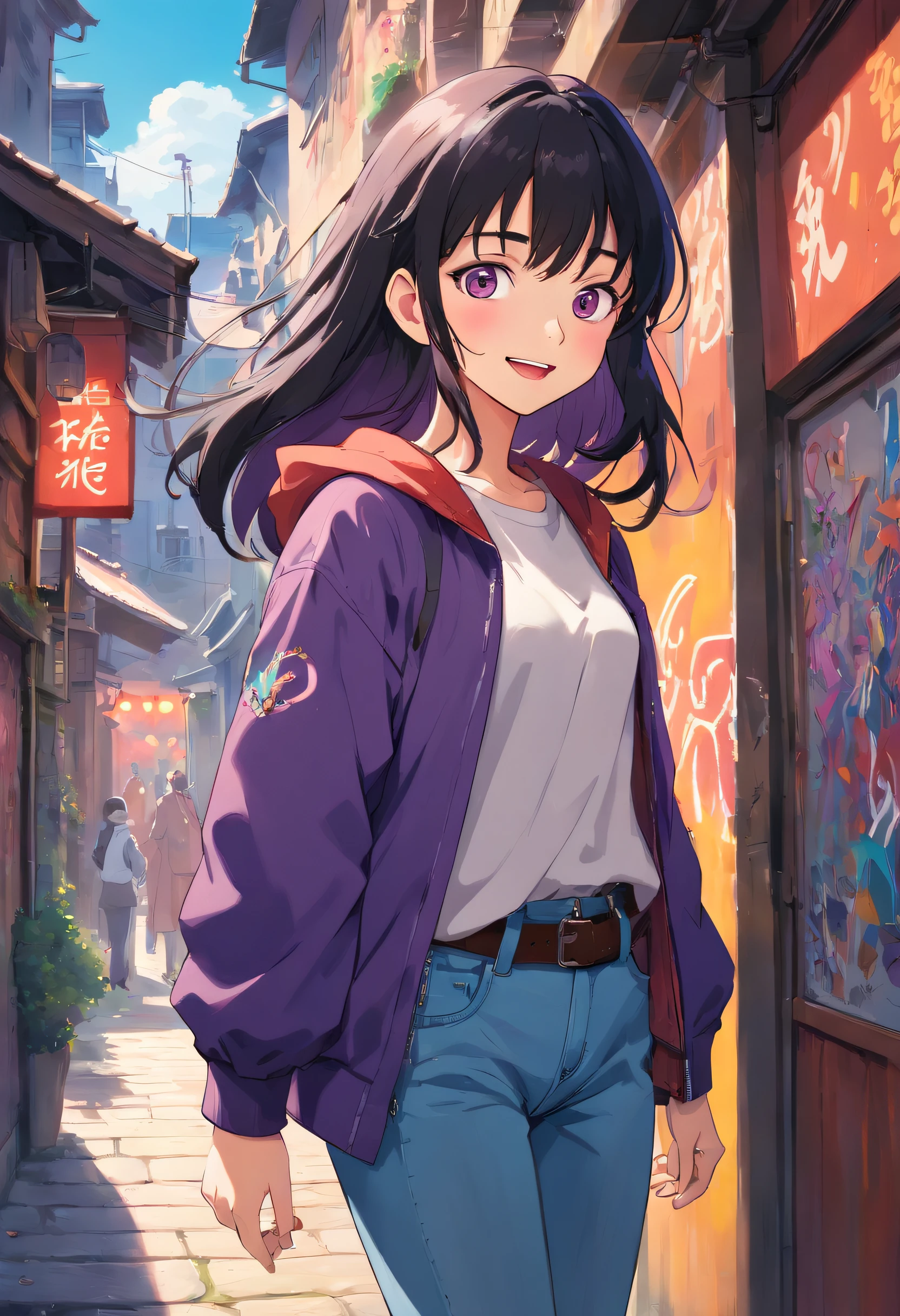 Original Character, Volumetric lighting, Best Shadows, Shallow depth of field, Portrait Of Stunningly Beautiful Girl, Petite, Delicate beautiful attractive face with seductive purple eyes, Messy Painted Face, huge smile, Open mouth, Nice middle chest, Layered long straight black hair, Blush Eyeshadow, Oversized Pop Jacket, Jeans pants, with buckle belt, In The Graffiti Alley, Outdoor Unit, Standing, (Highest Quality, Amazing details:1.25), (Solo:1.3), Brilliant Colorful Paintings