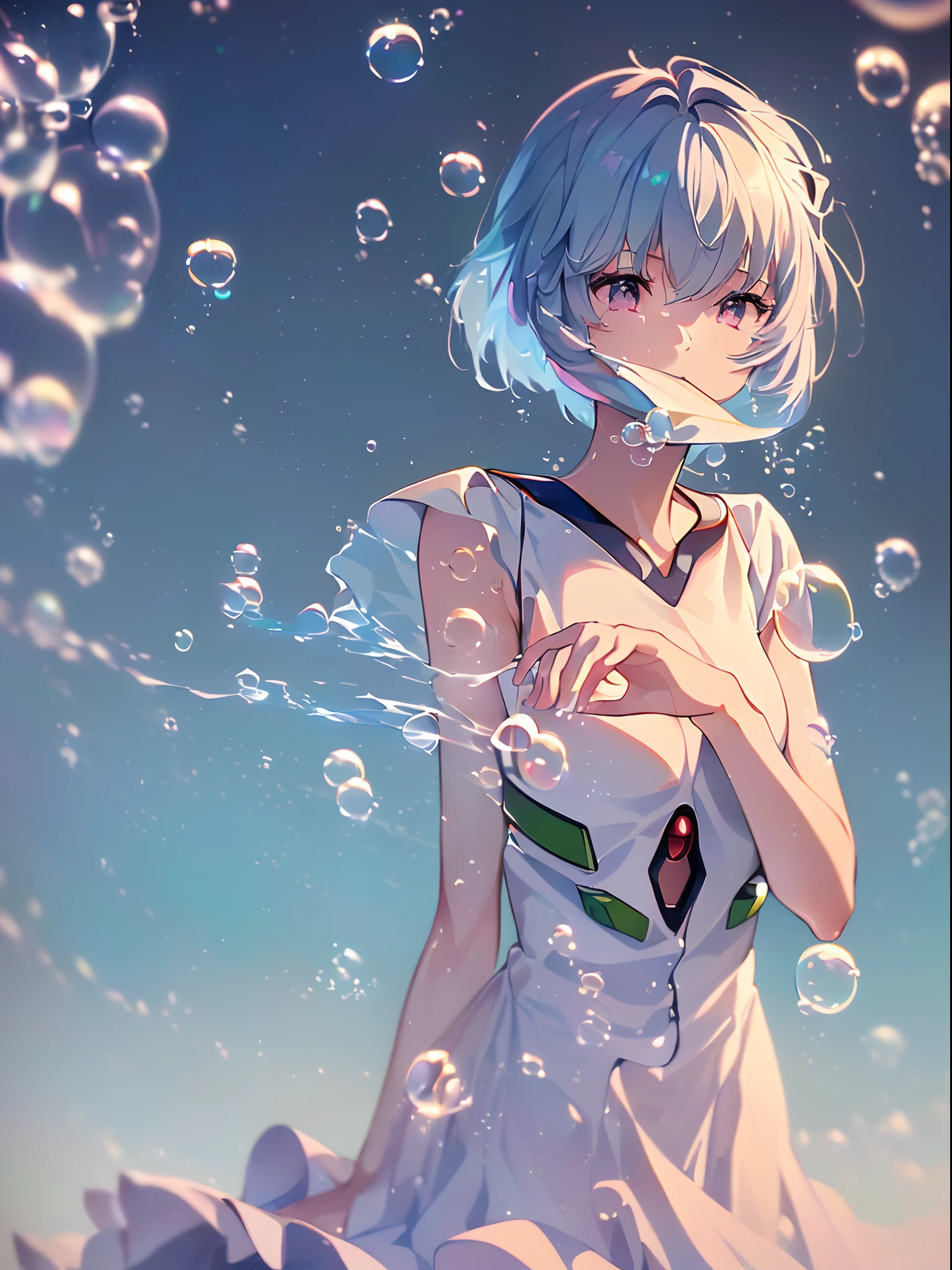 (((ayanami rei))),((((BREAK,Design an image with a fisheye lens effect, capturing a wide field of view with a distinctive, curved perspective.BREAK,)))((1girl:1.1,solo,))(masterpiece,best quality, official art,aim to viewers, beautiful and aesthetic:1.3),((ultra high res,golden ratio,)) (4k),((seen from above,dawn,rainbow bridge,in the ocean,raindrops)),((((a girl blowing bubbles,))))dynamic lighting, cinematic lighting,(fantasy,blur image,psychedelic,dreamy,photon mapping, cinema projection,radiosity, physically-based rendering,automatic white balance), technological sense,Amazing,sharp focus,detailed background,rich background, (((high detailed skin,)))dynamic lighting,intricate detailed outfit,glowing eyes,watery eyes,((short hair,))deadpan,skiny,slender,smooth beast,white plugsuit,headgear,(masterpiece sidelighting),(bishoujo,lustrous),(sky blue hair,pink eyes,）[[delicate fingers and hands:0.55]::0.85],(detail fingers),(((Ultra Photographic Quality,ultra wide angles)))),((incredibly absurdres,photoreality)),(realilty:0.4),microshot,((extremely_detailed_eyes_and_face)),(disheveled hair),FilmGirl,(dynamic configuration: 1.2),Brilliant,drifting Nebula,ethereal, glossy ,striking contrast,