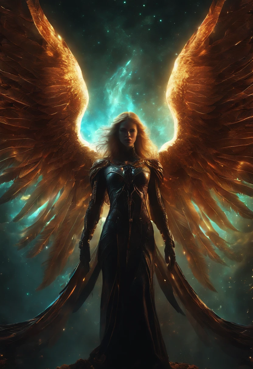 Cosmic Fallen Angel, glowing light eyes, Biomechanical, eerie, Creepy, nightmarish, Very bright colors, Light particles, with light glowing, Mshiv, wallpaper art, UHD wallpaper