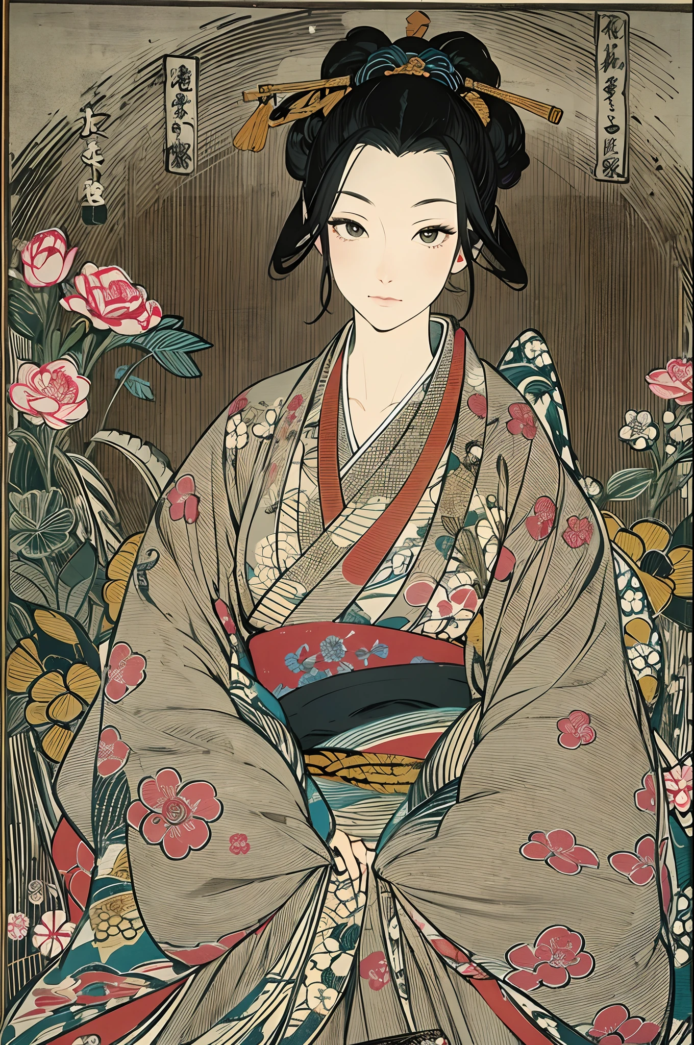 Sharaku,Portrait of a woman,Her breasts are visible.,it is centered in the middle of the image, some Japanese effects and embellishments scattered throughout the photo