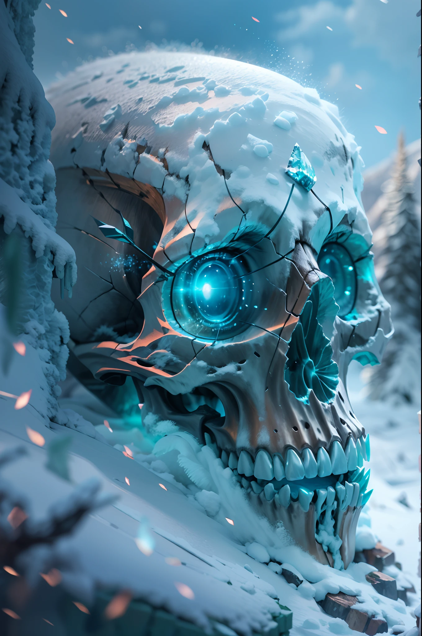 (best quality,4k,8k,highres,masterpiece:1.2), ultra-detailed,(realistic,photorealistic,photo-realistic:1.37), digital art, icy skull, open mouth, (snowy spike mountain on the head of the skull), super cool, digital medium, detailed cracks on the skull, frosty texture, hauntingly beautiful, surreal atmosphere, vibrant colors, dynamic lighting, sharp focus