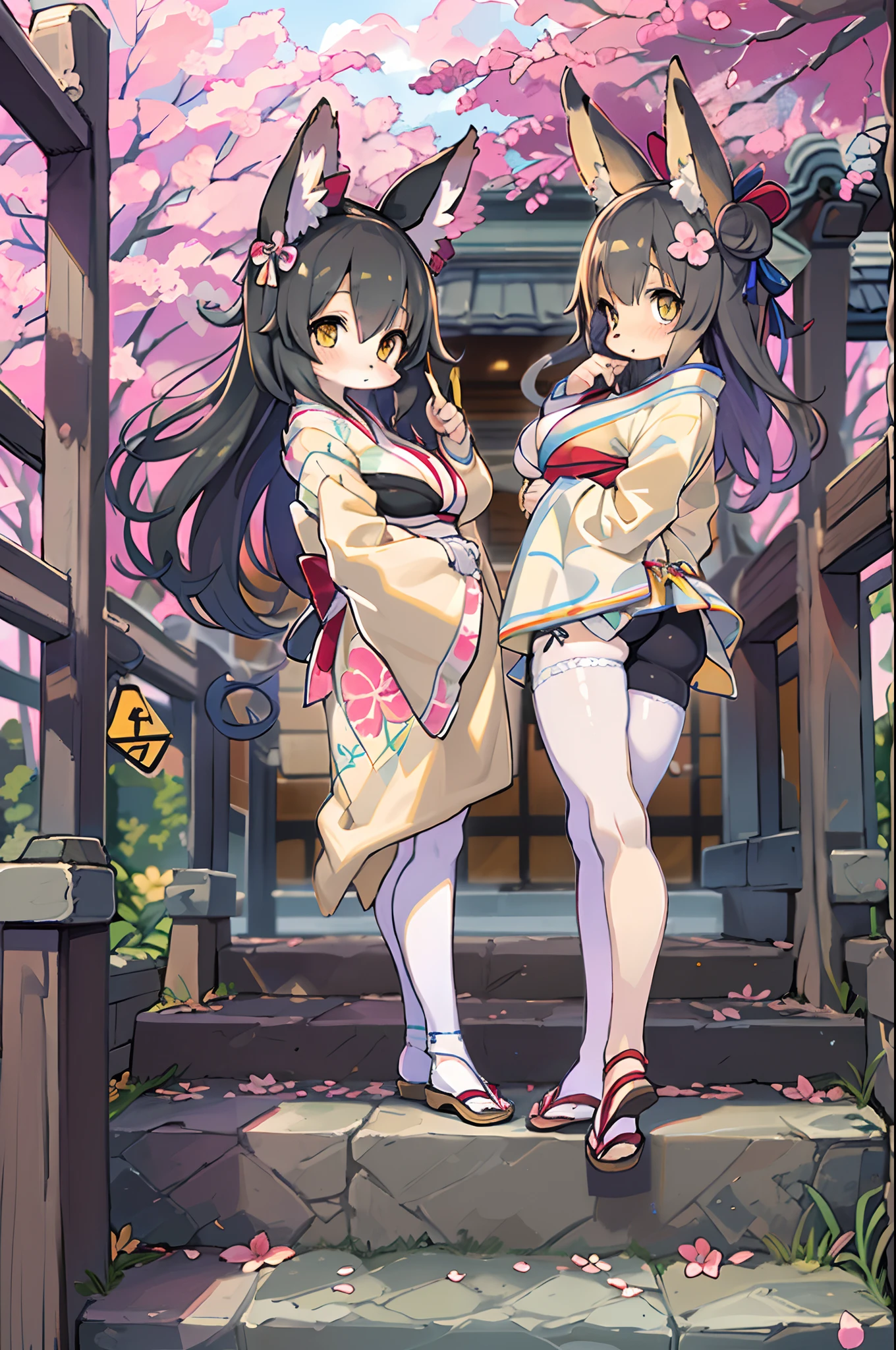 ((masutepiece,Best Quality)),2girls, Black kimono, Black legwear, a black ribbon, Black hair, cherryblossom, day, flower, Hair bun, Hair Ribbon, Komono, Kimono, Long hair, Looking at Viewer, Looking back , Multiple girls, Outdoors, bow ribbon, Sandals, single bun, stairs, Statue, torii gate, tree, Yellow eyes、body covered with fur、huge-breasted、thighs thighs thighs thighs,、bbw、big butts、Ultramammy、(((Fox Woman)))、body covered with fur、kawaii、lesbian、Deep kissing