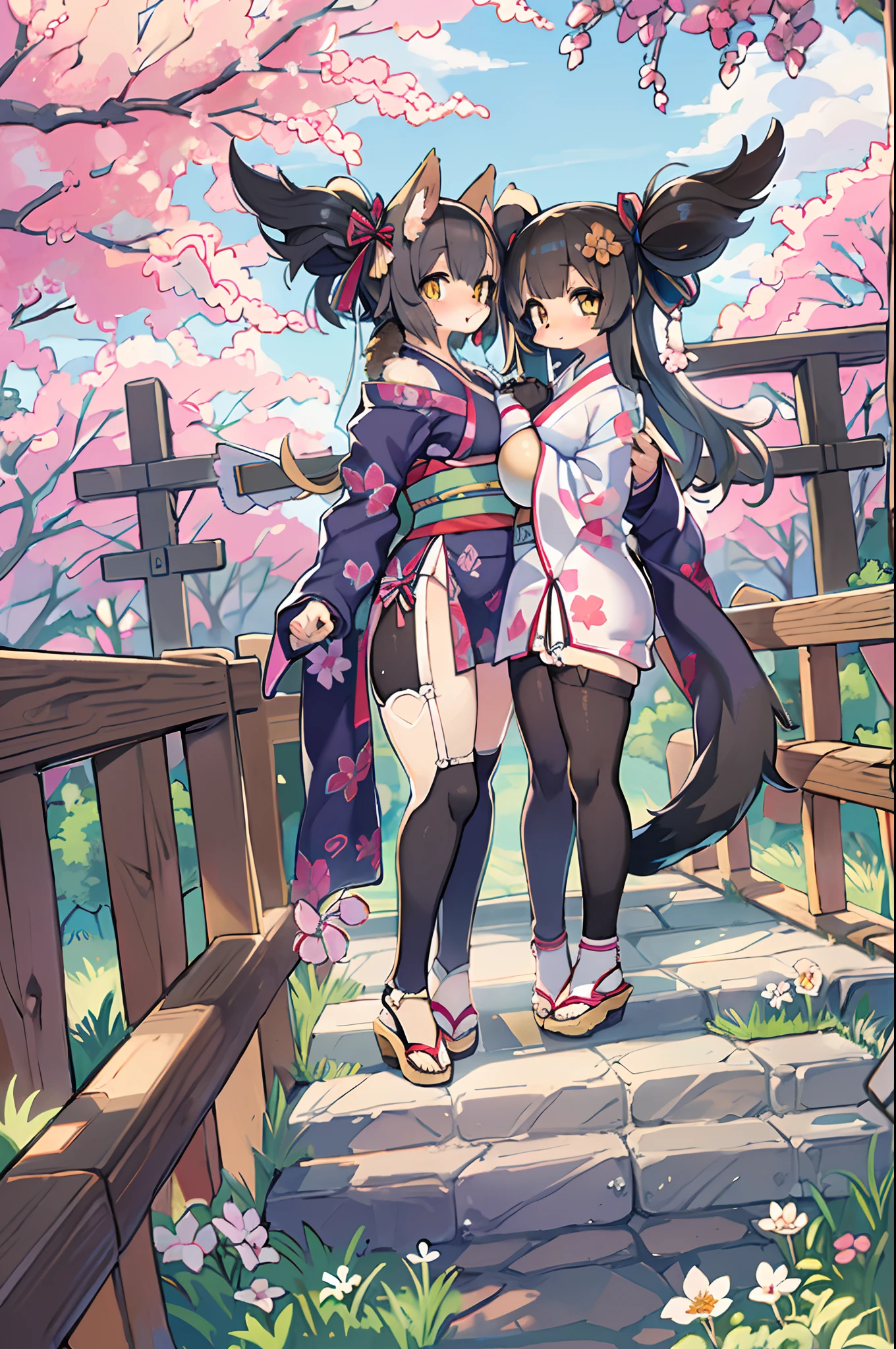 ((masutepiece,Best Quality)),2girls, Black kimono, Black legwear, a black ribbon, Black hair, cherryblossom, day, flower, Hair bun, Hair Ribbon, Komono, Kimono, Long hair, Looking at Viewer, Looking back , Multiple girls, Outdoors, bow ribbon, Sandals, single bun, stairs, Statue, torii gate, tree, Yellow eyes、body covered with fur、huge-breasted、thighs thighs thighs thighs,、bbw、big butts、Ultramammy、(((Fox Woman)))、body covered with fur、kawaii、lesbian、Deep kissing