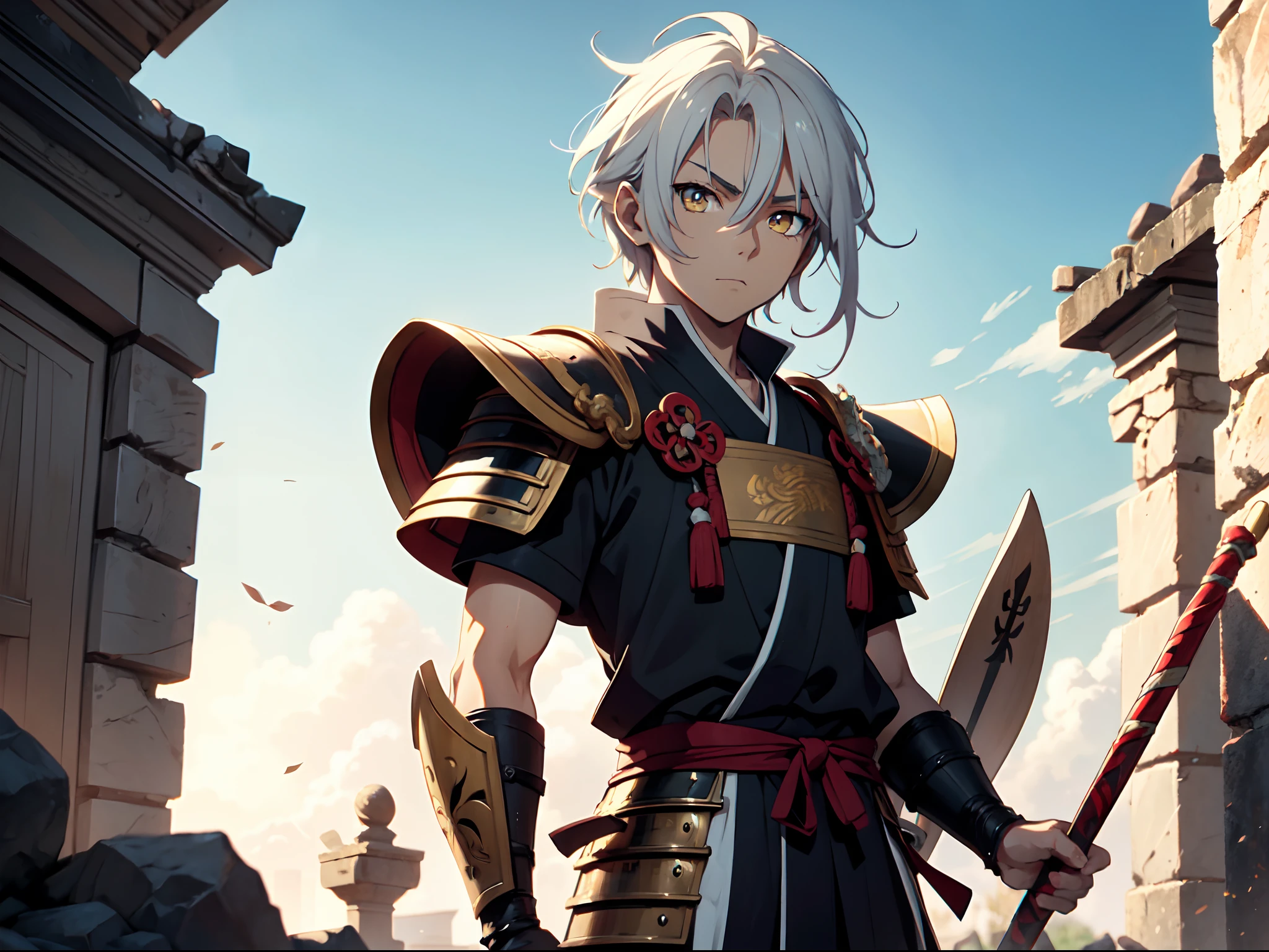 1 boy, Kingdom anime, Samurai armor, spear in the back, ultra high definition, 8k, handsome,black and yellow pupil eyes, long white hair, ancient kingdom background
