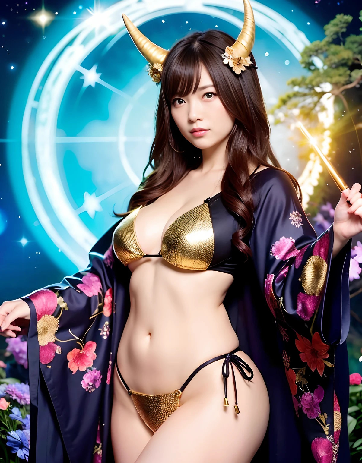 ((World of Darkness)),Professional , masterpiece、top-quality、photos realistic , depth of fields 、Dark Fantasy、(Ultimate Beauty)、(shooting stars:0.9)、(nebulas:1.3)、A dark-haired、(White bikini armor)、()、(natta)((Fight dragons)),(Wear a beautiful kimono),(Wear a beautiful kimono with colorful floral patterns)、Jewel Gold Weapon、Particles of light),(Has a devil's mask)、Gorgeous gold weapons ,(( Gorgeous Dragon Sword)) , (Fox Mask),,(maikurobikini) 、((Black Haired Beautiful Girl))、(Castle background)、(demonic wings)、((Gangle's forest background))、Beautiful Caucasian beauty、1a person、dynamic ungle,(((Two devil's horns on the head)))、Smaller head、Idle Smile、Thin and beautiful female hands、Mystical expression、Light Effects、intense fighting、Wind-effect、magic circles、With the legendary magic wand、Dragon's tail、