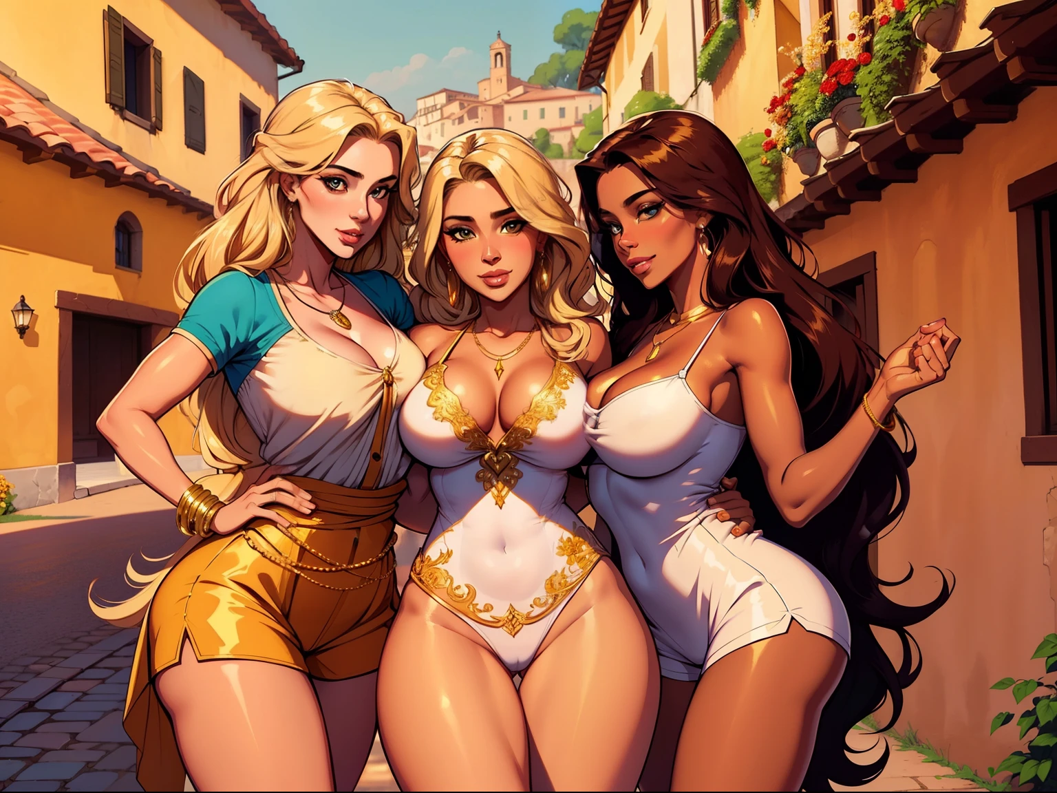 One handsome Chad in a summer shirt and shorts hugging three beautiful racially diverse bitches snuggling him and touching him intimately,  women dressed for exploring Italy looking very formal and classy and pretty showing skin with lots of color, perfect athletic bodies, women: long flowing hair and nice asses, incredible detail on textures, flowers in hair, seductive, materials, golden hour, , jewelry, golden hour, photorealistic, masterpiece, in love, grins, perfect faces, Flirtatious, setting: exploring an Italian villa, harem, big beautiful eyes, painterly style