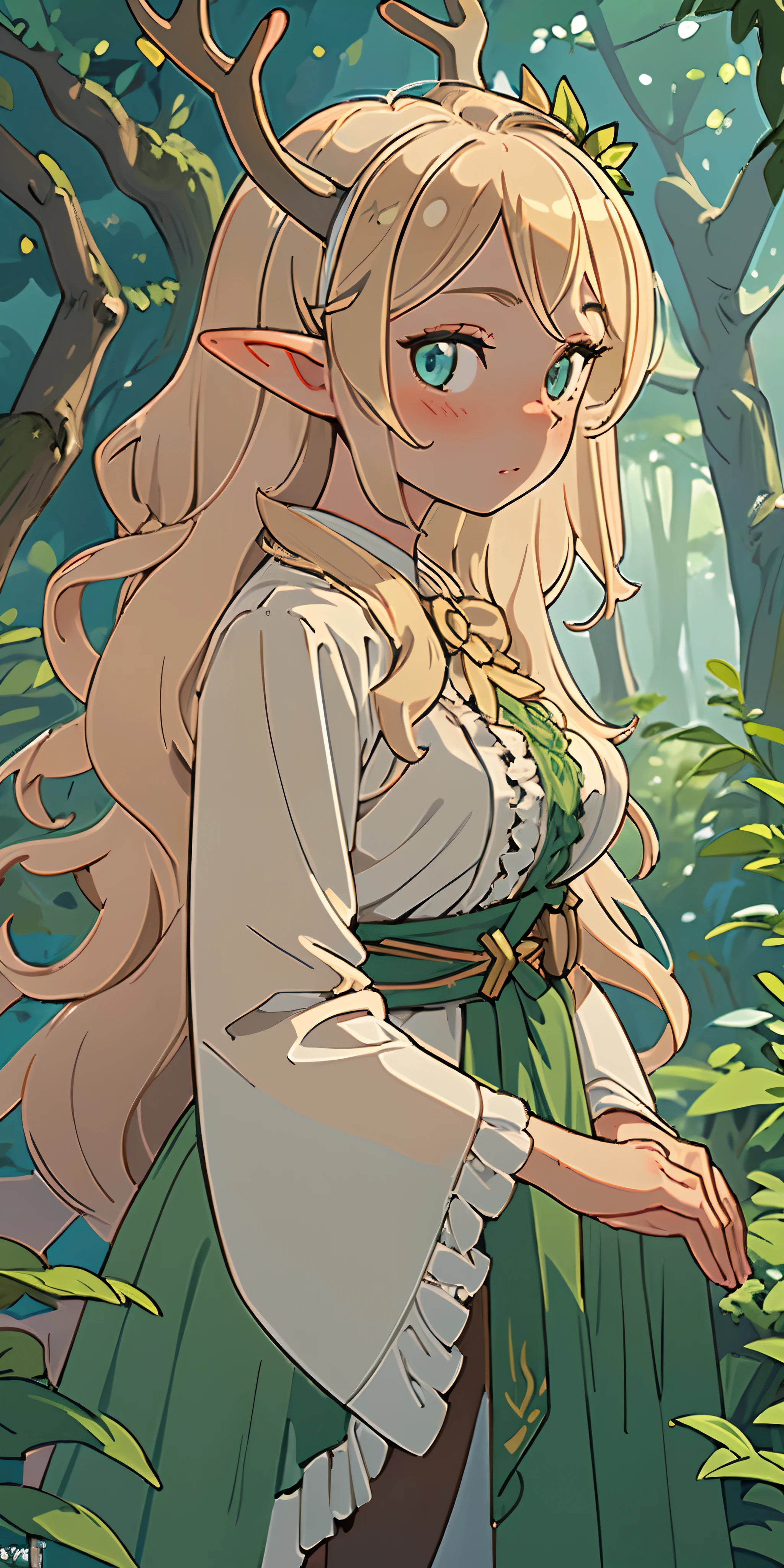 (masterpiece, best quality), 1girl, intricate details, blonde, leaf, wavy hair, looking at viewer, elf, upper body, forest, frills, mist, deer antlers,