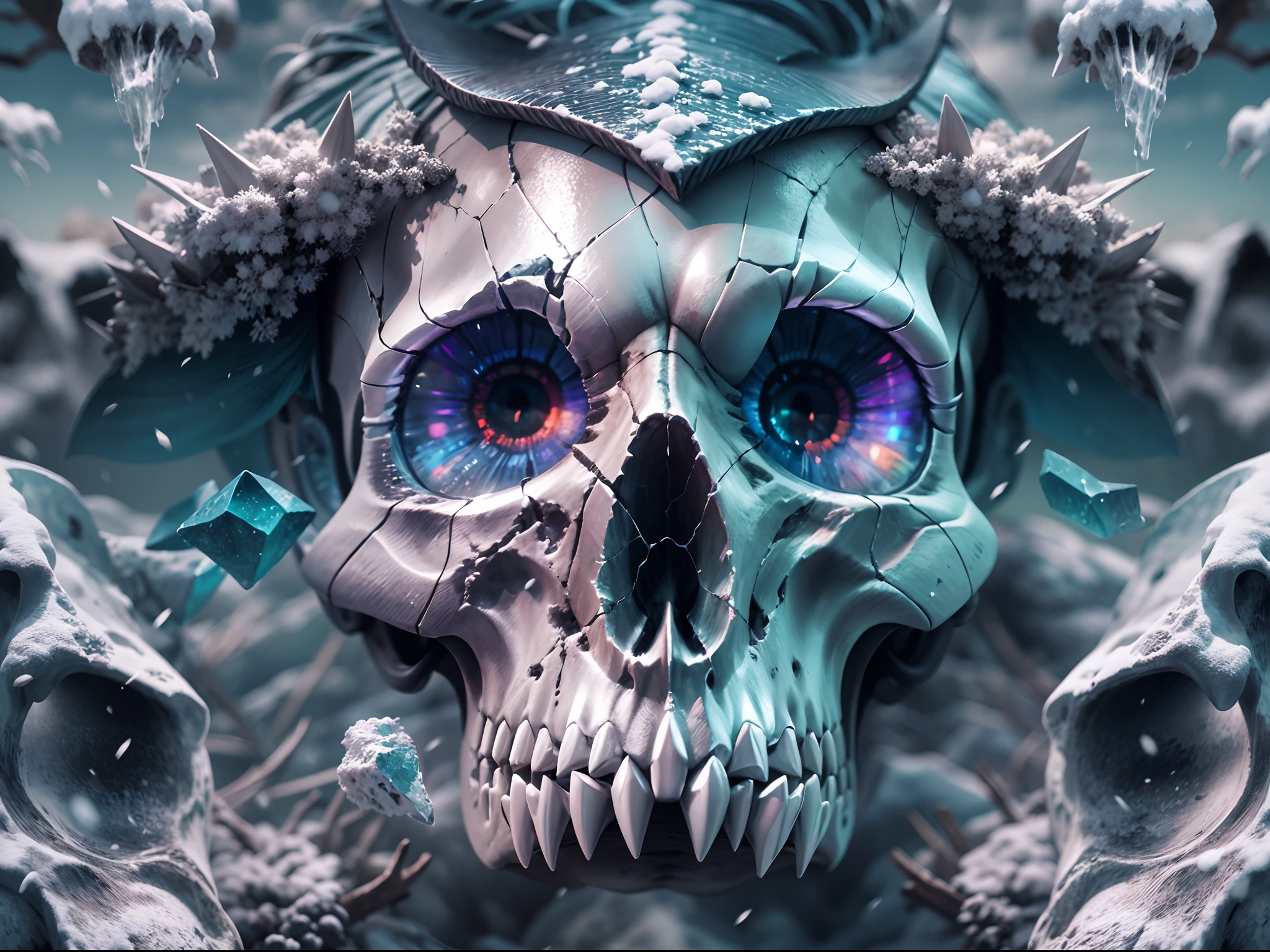 skeleton man, his (skull:1.2) is covered in icicles and frost, intricate carving, wearing a face mask, glowing eye sockets, wearing a frozen blue crown, (detailed background:1.3), backlighting, serious eyes, realism, masterpiece portrait, soft lighting, (large angle),masterpiece, best quality, intricate detail, absurdres,