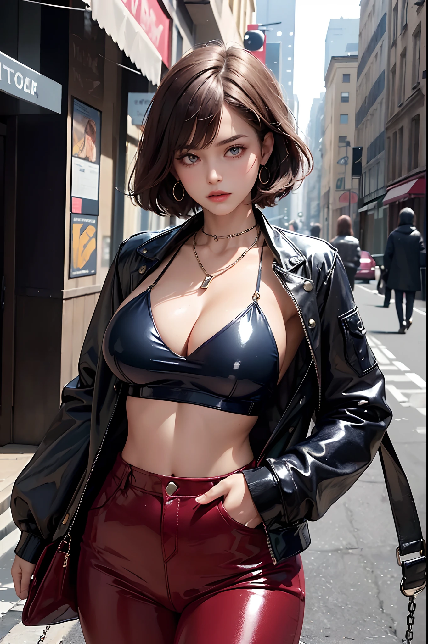 (((masterpiece))),((best quality)),detailed,1girl,(hands in pockets),dynamic pose,(Perfect and delicate hairdressing),Shiny hair,brunette,Short,Messy hair,Swept bangs,undercut,Brilliant highlights,(Perfect and delicate eyes),(Perfect and delicate beauty),Expressionless,(Perfect for soft and supple skin),Glow skin,skinny,(Shiny skin),(Perfect Body Type),Narrow waist,Wide hips,breast expansion,collarbone,x navel,cleavage,(Beautiful clothes with perfect details),goyain, chain necklace, navy varsity latex jacket,open clothes,open jacket, maroon crop top,maroon latex pants,street,pedestrian,((large breast))