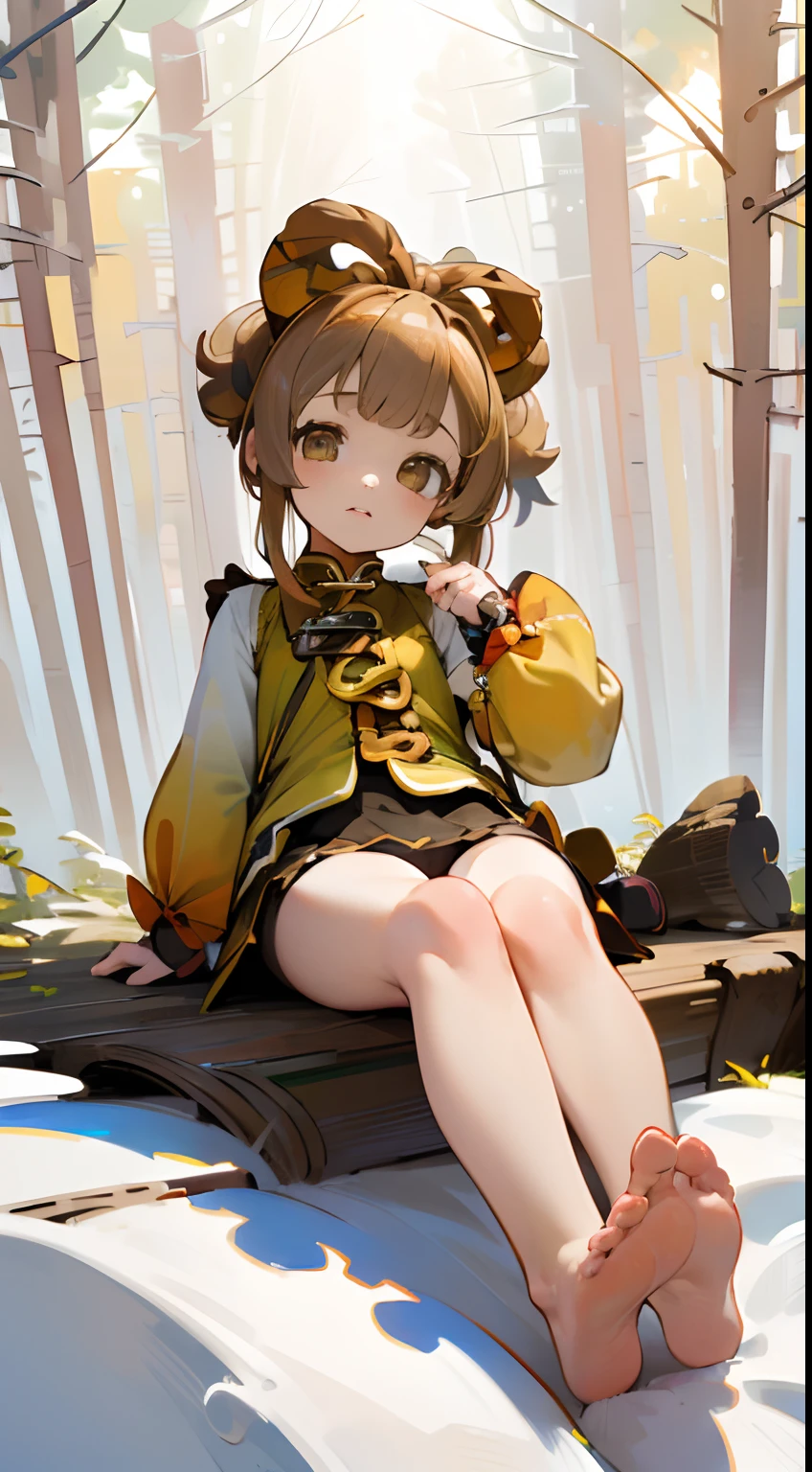 1girl, (Dynamic angle:1.4), full body, barefoot, toes, detailed eyes, ((portrait:1.5), (light brown hair), bell, (colorful:1.2), (extremely detailed CG unity 16k wallpaper:1.1), (masterpiece:1.37), ((official art)), top quality, ((yaoyaodef)), (sitting, feet focus ), flat chest, toes, foot on camera , beautiful, parted lips, (perfect body), proportional head, (accidental navel reveal), (white forest background:1.3), (loli, kids, petite, cute), feet focus