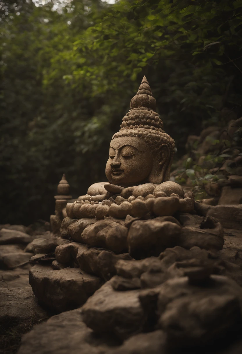A weathered stone Buddha statue partially covered in moss and vines, situated in a forgotten jungle ruin. The statue is ancient, with cracks and worn edges that tell the story of centuries passed. Despite the decay, the Buddha’s expression remains tranquil and timeless, embodying enduring wisdom. The jungle environment is lush and overgrown, with dappled sunlight filtering through the dense canopy. The art style is atmospheric, focusing on the contrast between the serene statue and the wild, untamed surroundings.