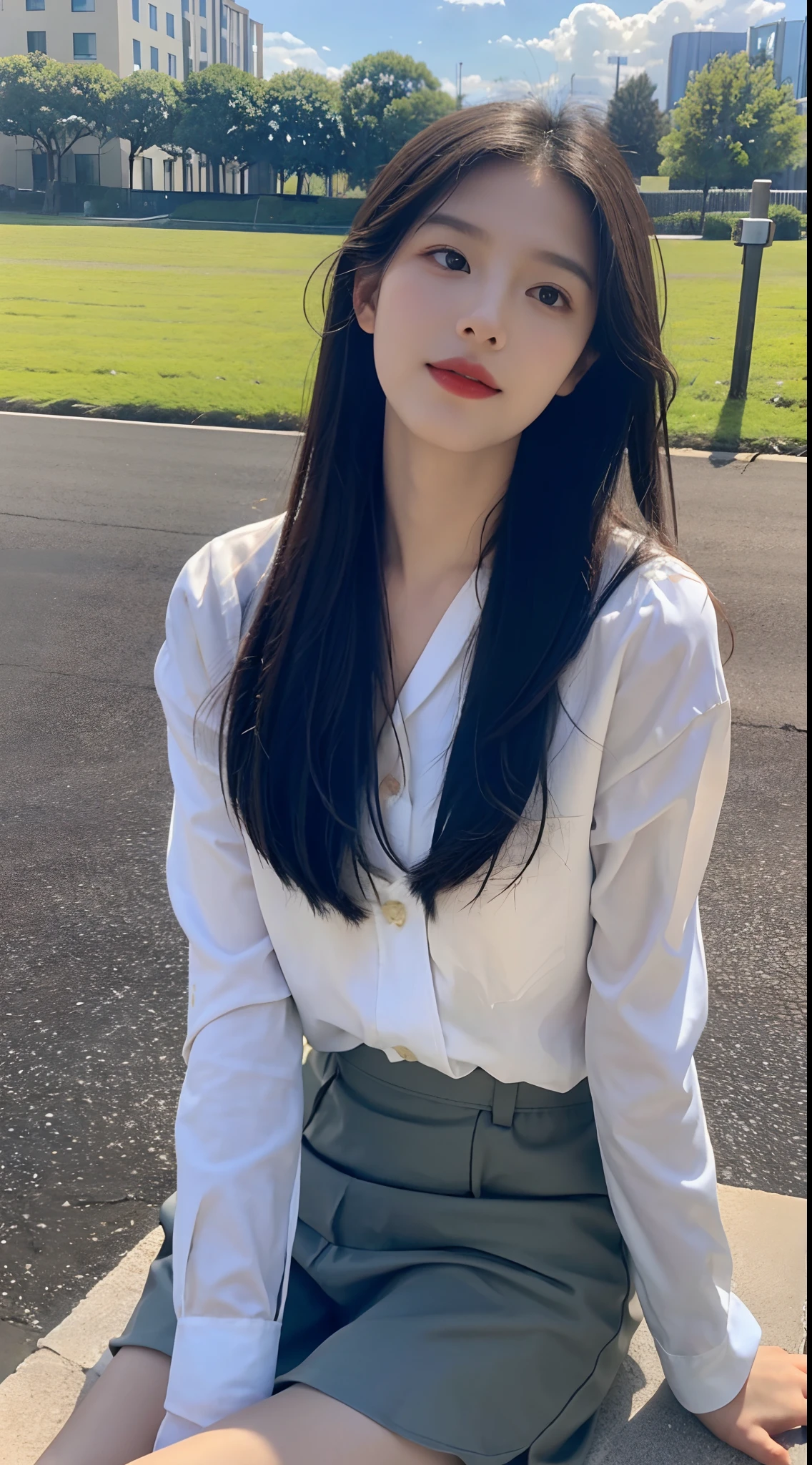 ((Best Quality, 8K, Masterpiece:1.3)), A beautiful girl, pure, melon face, gentle and cute, sweet smile, pure desire, thin figure, (frontal), (tilted head), looking directly at the camera, uniform, obi, formal, black silky long straight hair, long hair flowing over the shoulders, round black big eyes, clear big eyes, moist red lips, sweet, sitting on the side of the road, blue sky and white clouds, grass, buildings,