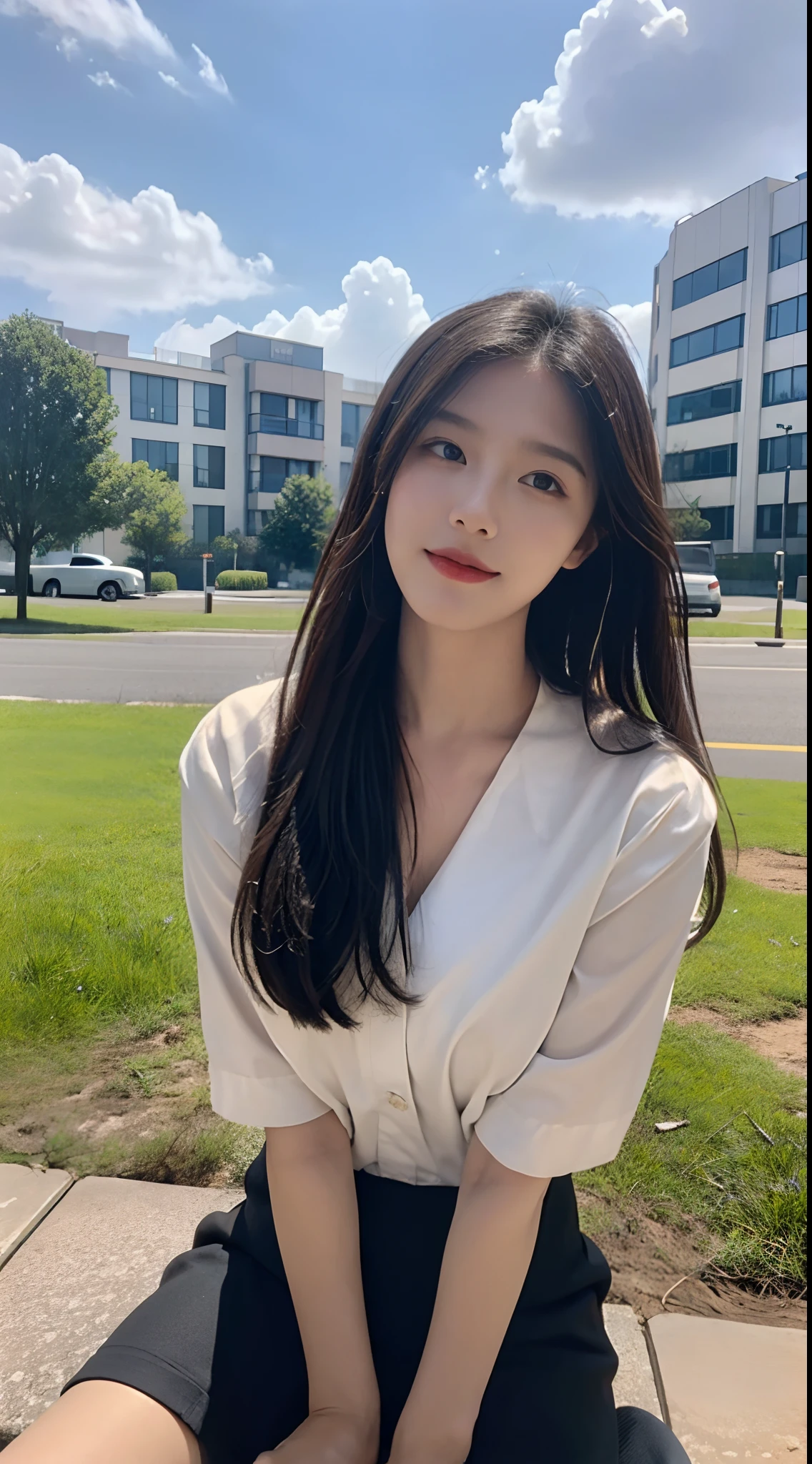 ((Best Quality, 8K, Masterpiece:1.3)), A beautiful girl, pure, melon face, gentle and cute, sweet smile, pure desire, thin figure, (frontal), (tilted head), looking directly at the camera, uniform, obi, formal, black silky long straight hair, long hair flowing over the shoulders, round black big eyes, clear big eyes, moist red lips, sweet, sitting on the side of the road, blue sky and white clouds, grass, buildings,